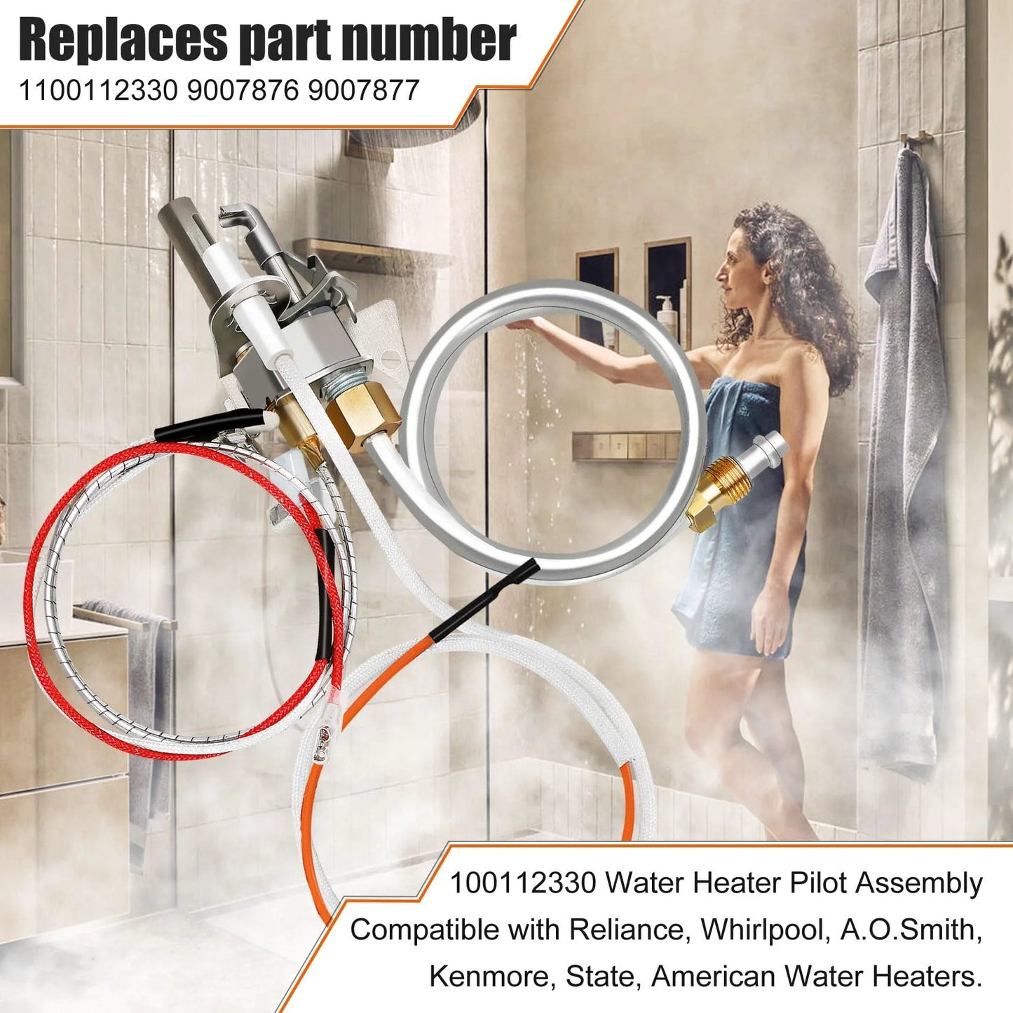 Upgrade 100112330 Water Heater Pilot Assembly for 300 and 301 Series Whirlpool and A O Smith Water Heaters Includes 9007876 Thermopile Replacement Compatible With Reliance American State Kenmore, shown with installation components in a bathroom setting.