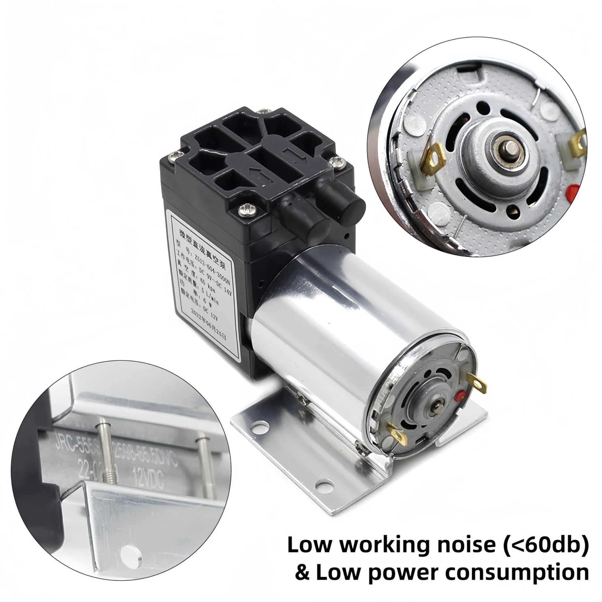 DC 12V Oil Free Mini Vacuum Pump With Holder 5 L Per Minute Flow Low Noise Micro Negative Pressure Pump For Automotive Exhaust Gas Analysis And Sampling 120 KPa Max Pressure 65 KPa Vacuum Tubing 0.18 To 0.24 Inch