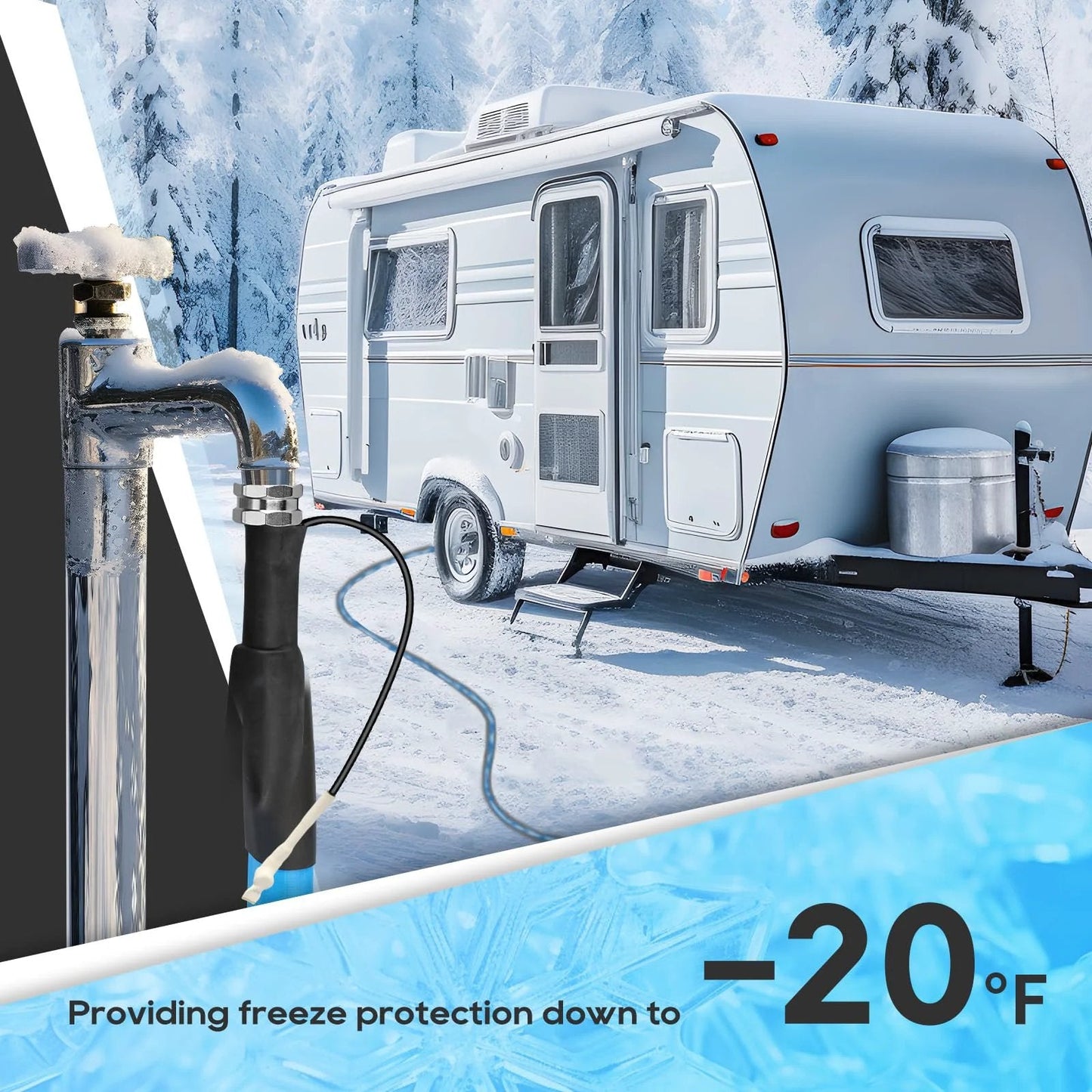 Heated Water Hose For RV 25 Ft Freeze Protection To Minus 20F With Energy Saving Thermostat Lead And BPA Free UL Heating Cable connected to an RV in snowy conditions