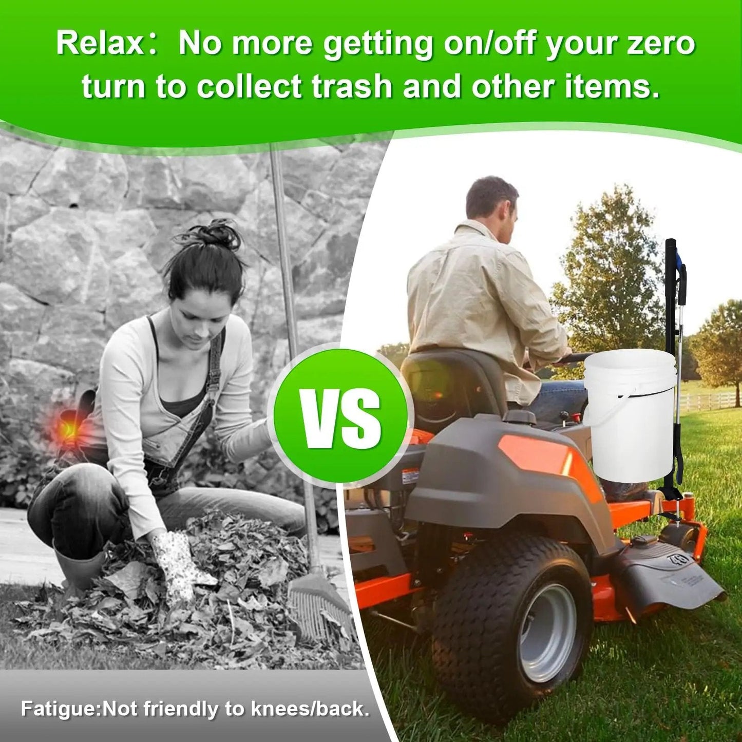 Zero Turn Mower Handle With 5 Gallon Bucket Bracket And Clip For Outdoor Yard Cleanup, CAROD Heavy Duty Lawn Mower Accessories Mounting Handle Kit Built To Tackle Trash And Garden Chores With A Grabber Tool, Black shown with person using it.