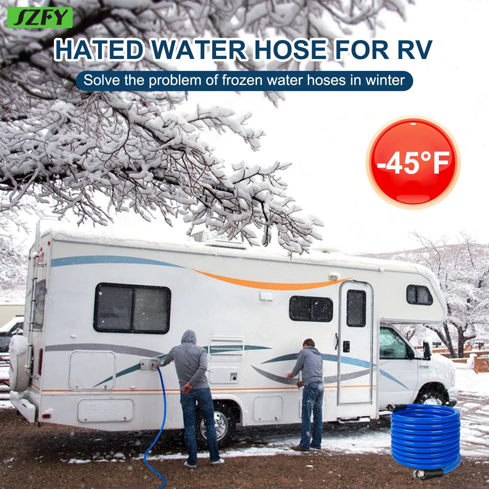 Heavy Duty 50 Foot Heated Water Hose for RVs and Campers with One Half Inch Inner Diameter Freeze Protection Down To Minus Forty Fahrenheit, installed on RV in snowy setting.
