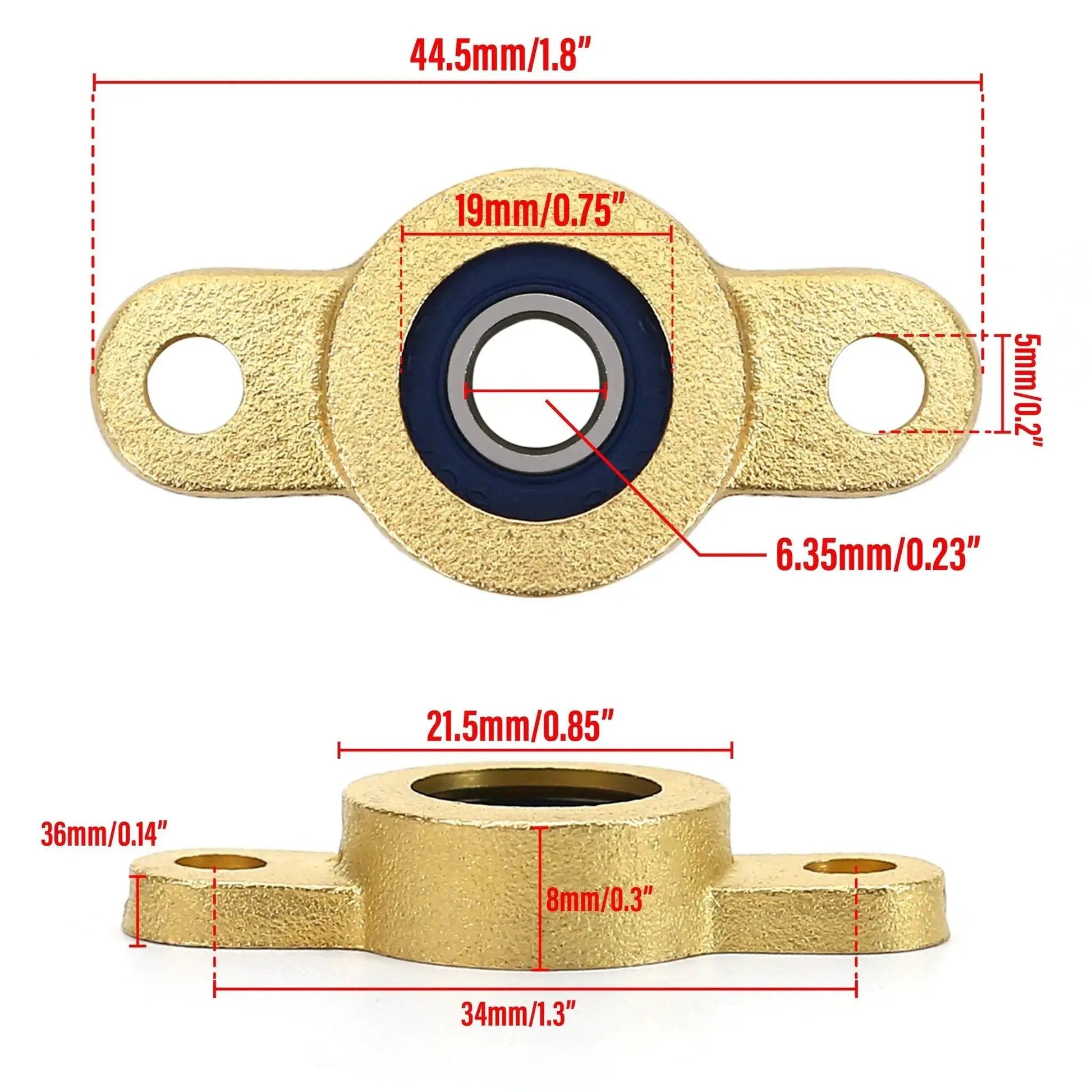 Two Pack Pillow Block Bearing For 6.35mm Shaft With One Quarter Inch Bore shown from front and side view with dimensions.