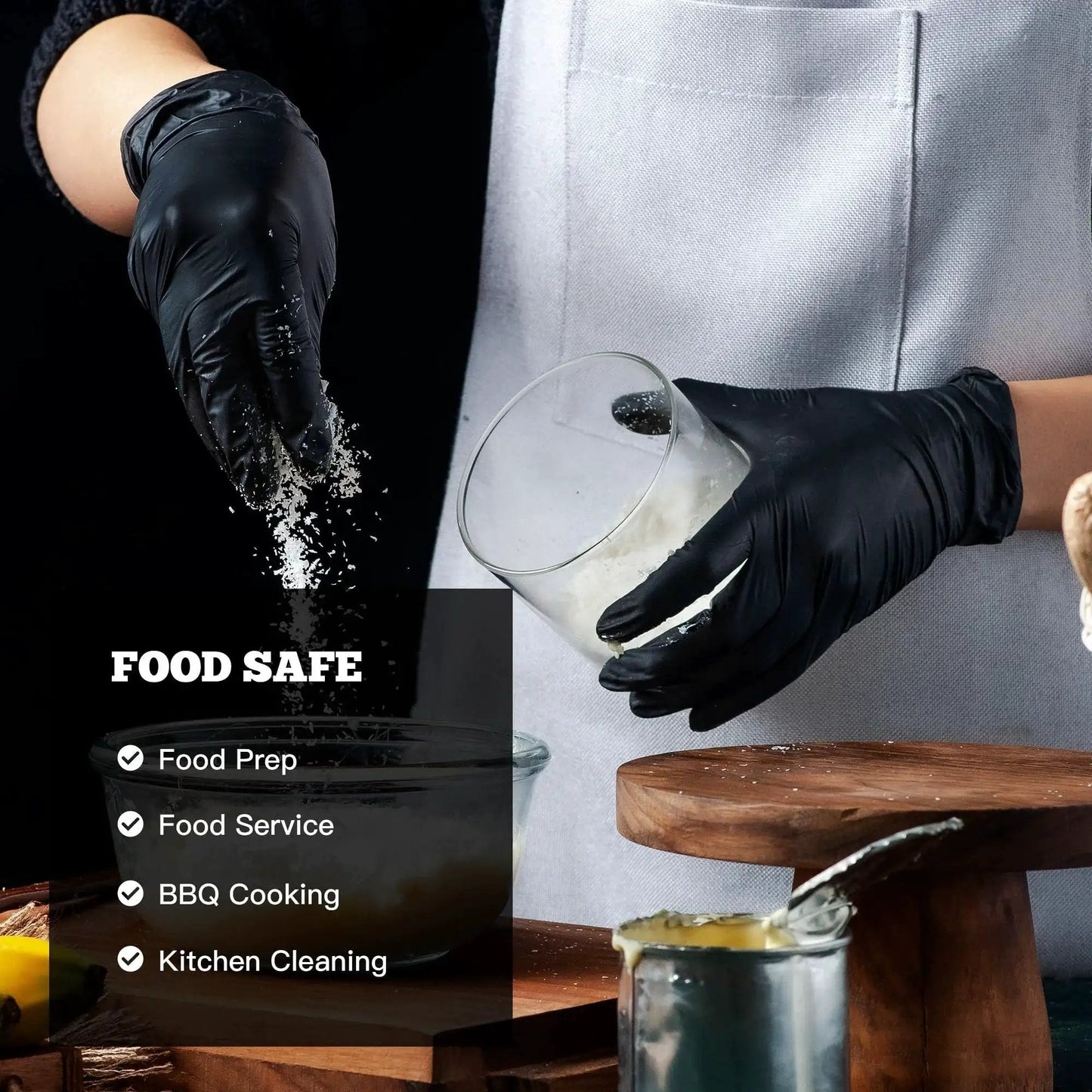 Heavy Duty Nitrile Exam Gloves 6 Mil Black XL 100 Count Latex Free For Food Prep being used in kitchen