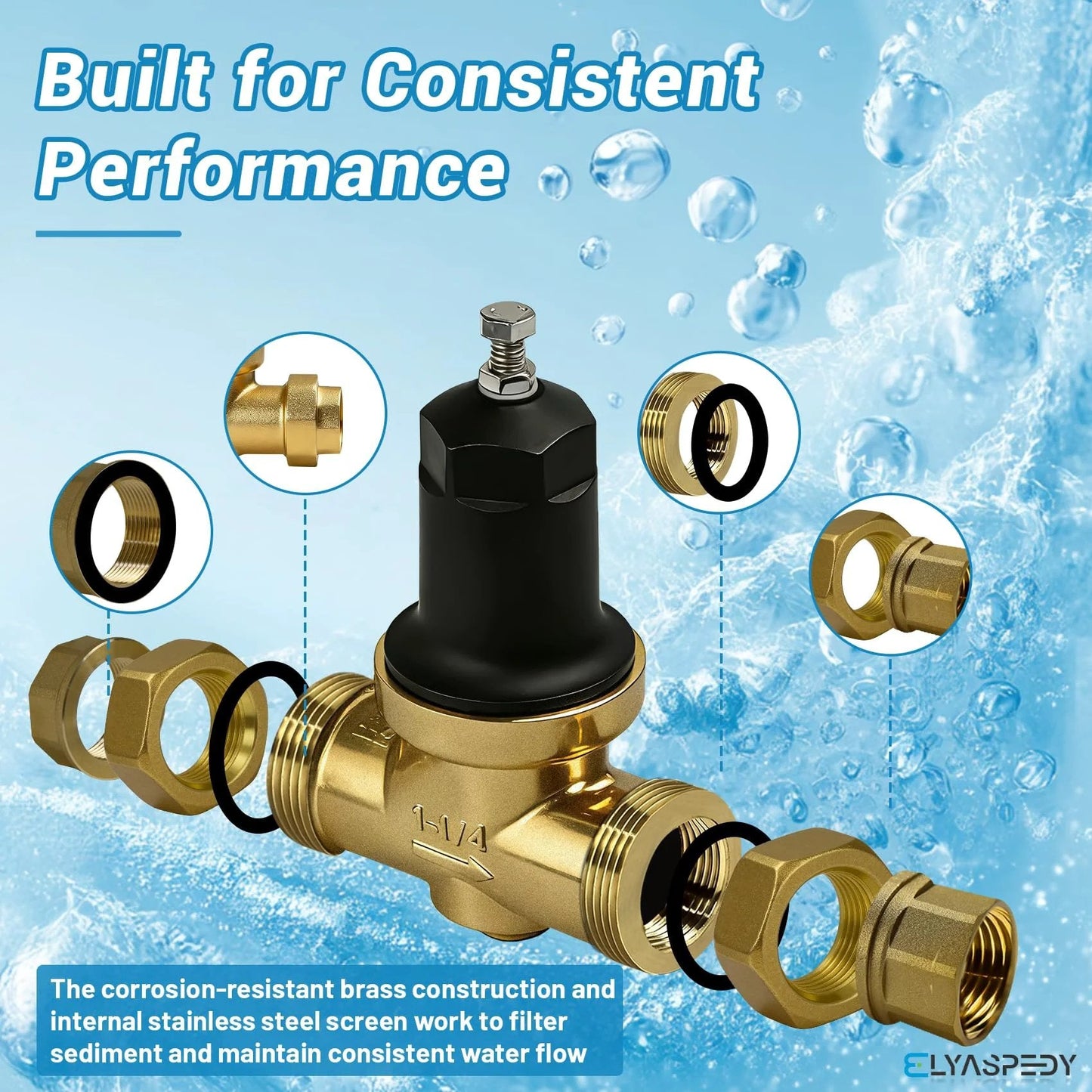 One And A Quarter Inch NR3XL Pressure Reducing Valve For Drinking Water Lines With Double Internal NPT Threads, Adjustable Outlet Pressure Up To 400 PSI, Compatible With Zurn 114 NR3XLDULU Valves, Includes Waterproof Tape For Quick Install