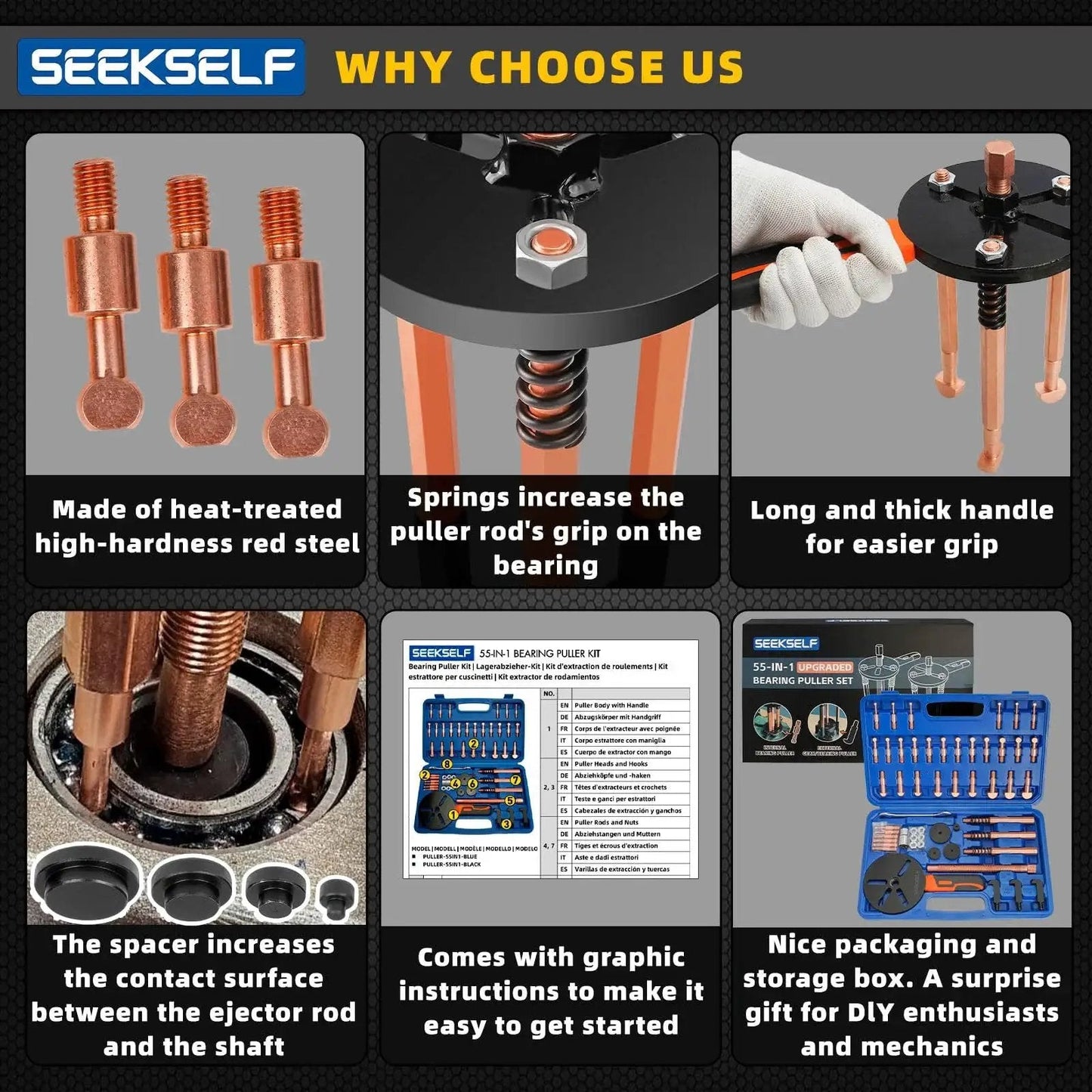 Collage showcasing 55 In 1 Bearing Puller Kit For Internal And External Bearings With 11 Puller Head Sets, features, and blue storage box.