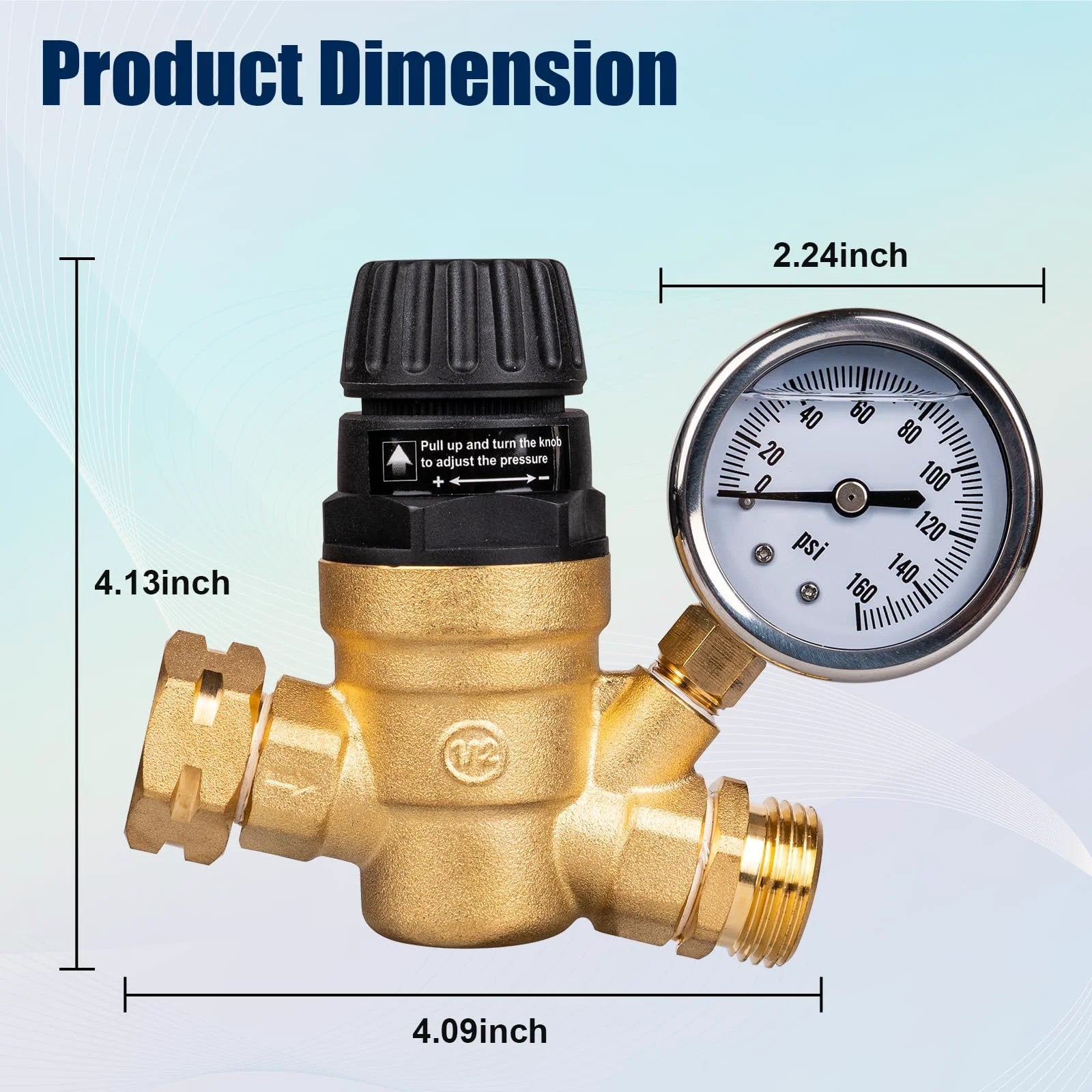 Leadless Brass RV Water Pressure Regulator With Strainer And Pressure Gauge For Camper RV Systems Adjustable Top Handle