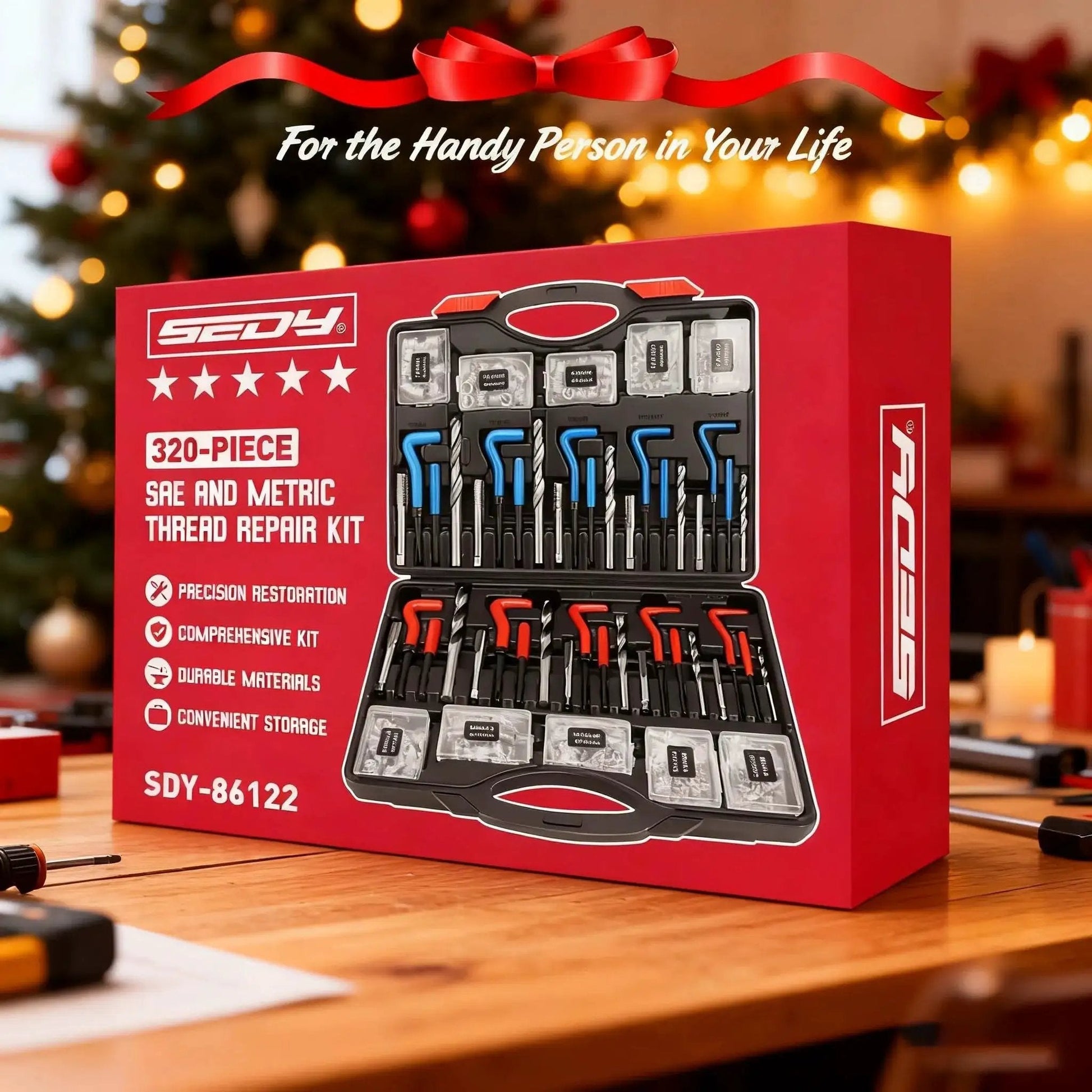 Thread Repair Kit 320-Piece Universal Metric SAE Rethread Tool Set For Engines in open case on wooden table