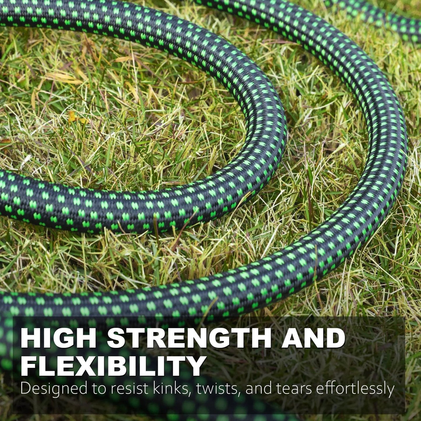 Flexible Garden Hose For Yard And Lawn With 10 Function Sprayer No Fuss Ultra Lightweight Non Expanding Design Leak Proof And Pressure Resistant Triple Layer Construction For Durability Kink Free And Burst Proof 100 Feet Green coiled on grass