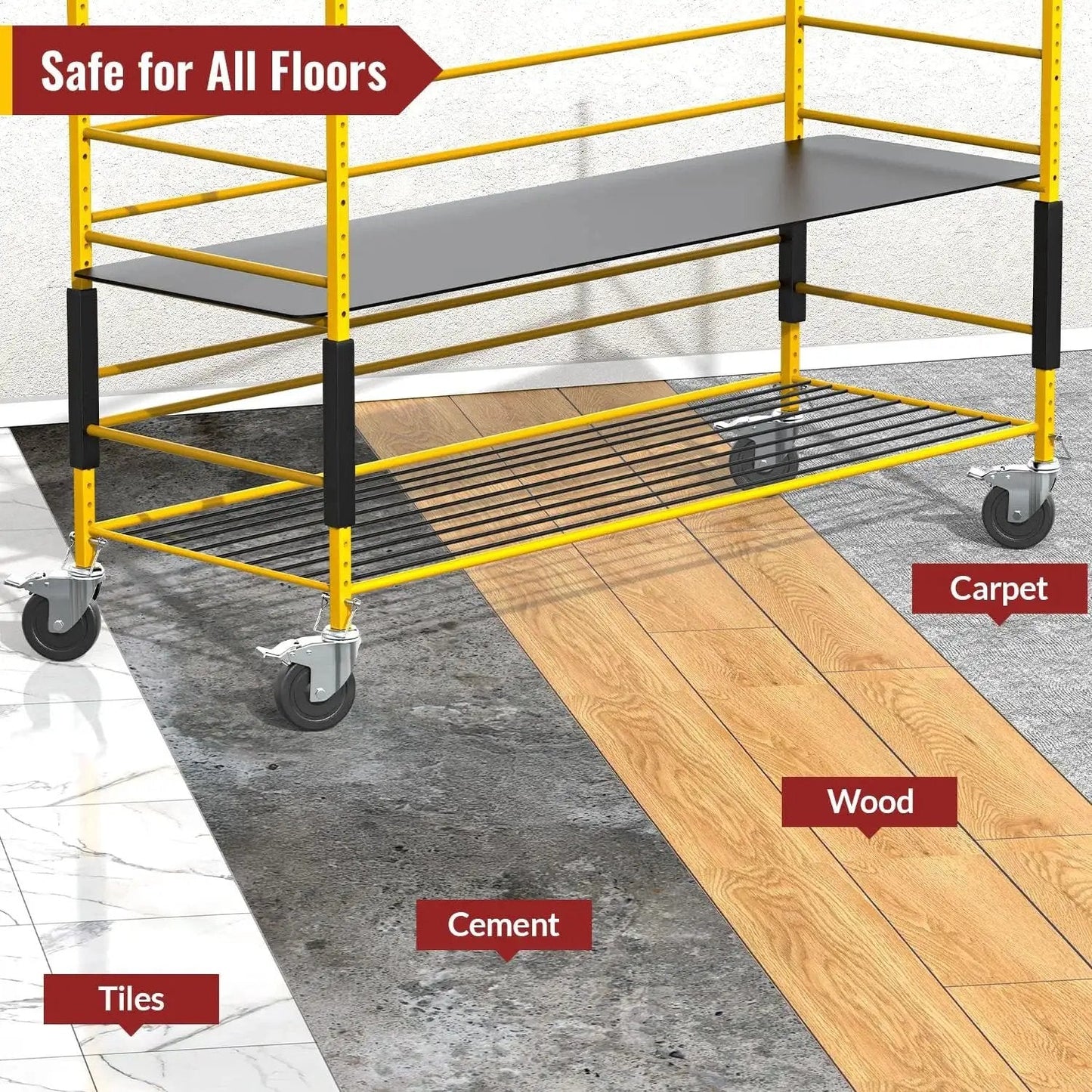 5 Inch Scaffolding Caster Wheels Set Of Four With Dual Locking Swivel Casters And One And A Quarter Inch Square Stem, shown on multiple flooring types