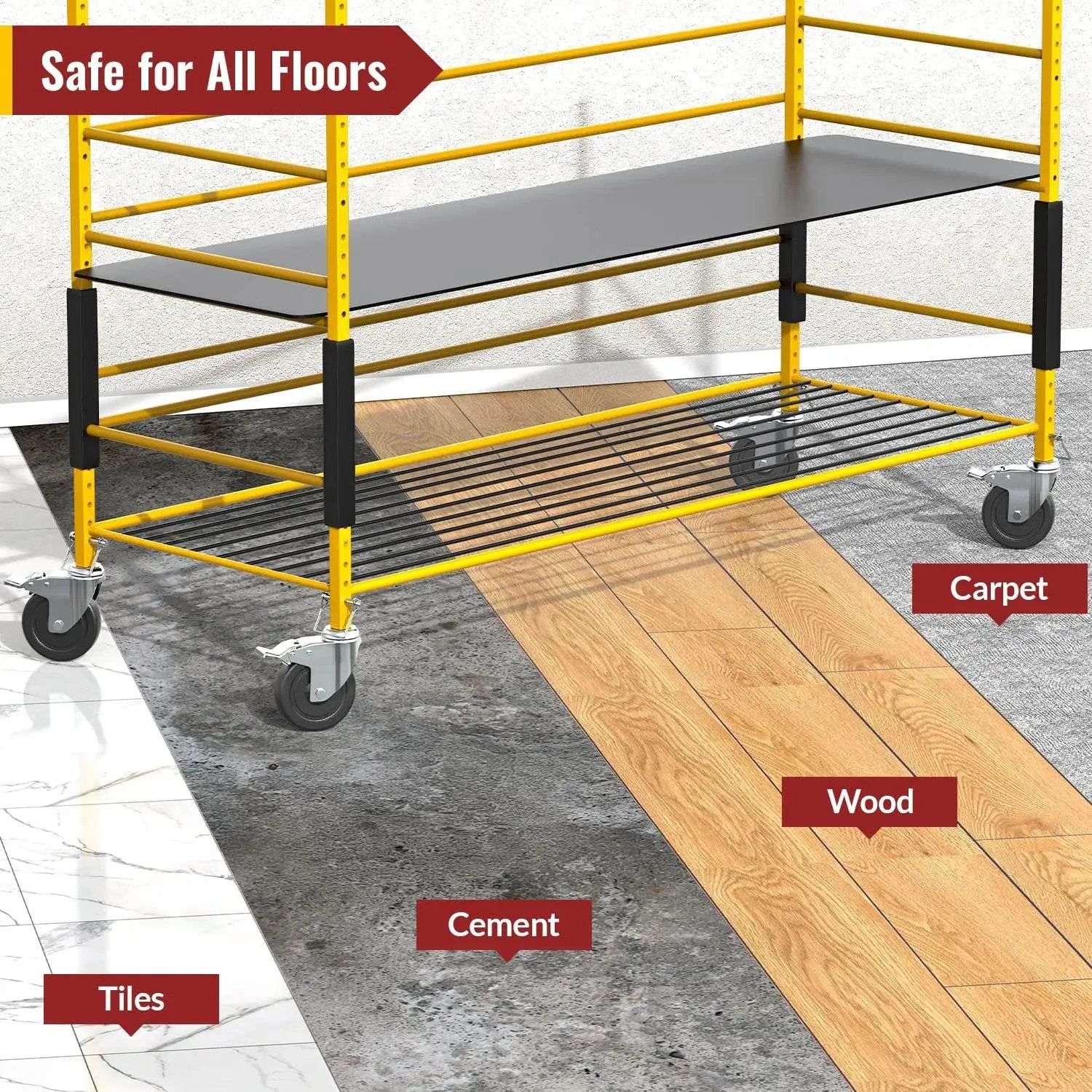 5 Inch Scaffolding Caster Wheels Set Of Four With Dual Locking Swivel Casters And One And A Quarter Inch Square Stem, shown on multiple flooring types