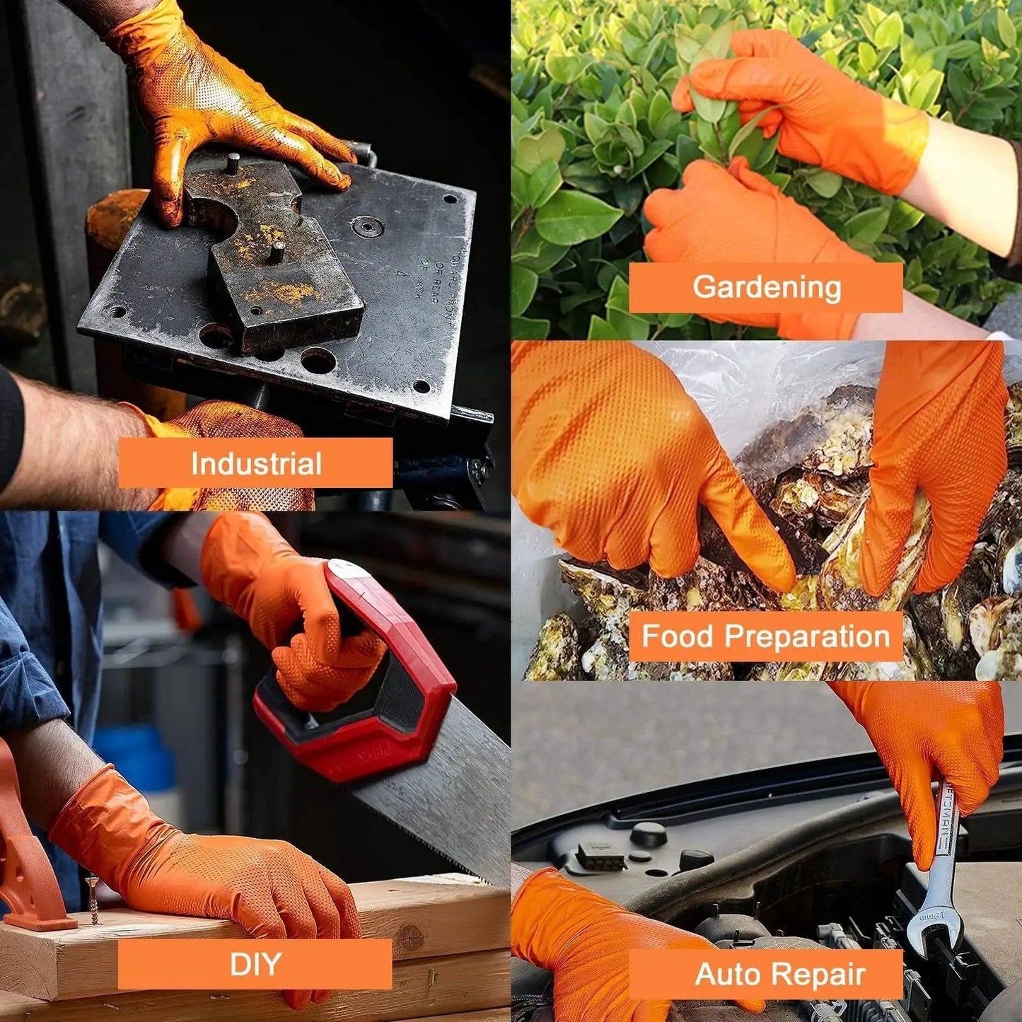 Heavy Duty Nitrile Disposable Gloves 8 Mil Orange Diamond Texture Grip used for industrial, gardening, food prep, DIY, auto repair.