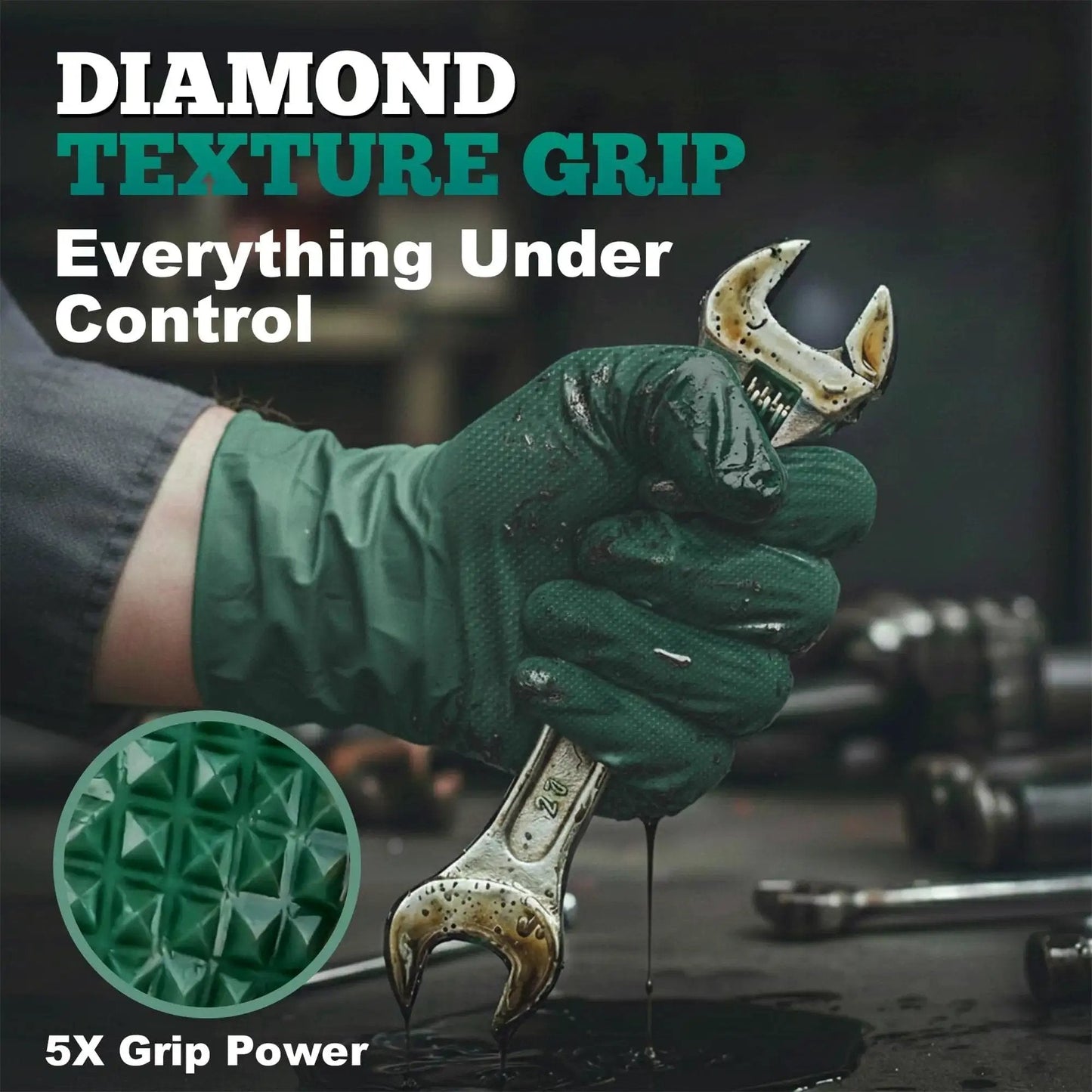 Heavy Duty 8 Mil Nitrile Gloves With Raised Diamond Grip Dark Green Latex Free holding wrench in oily environment