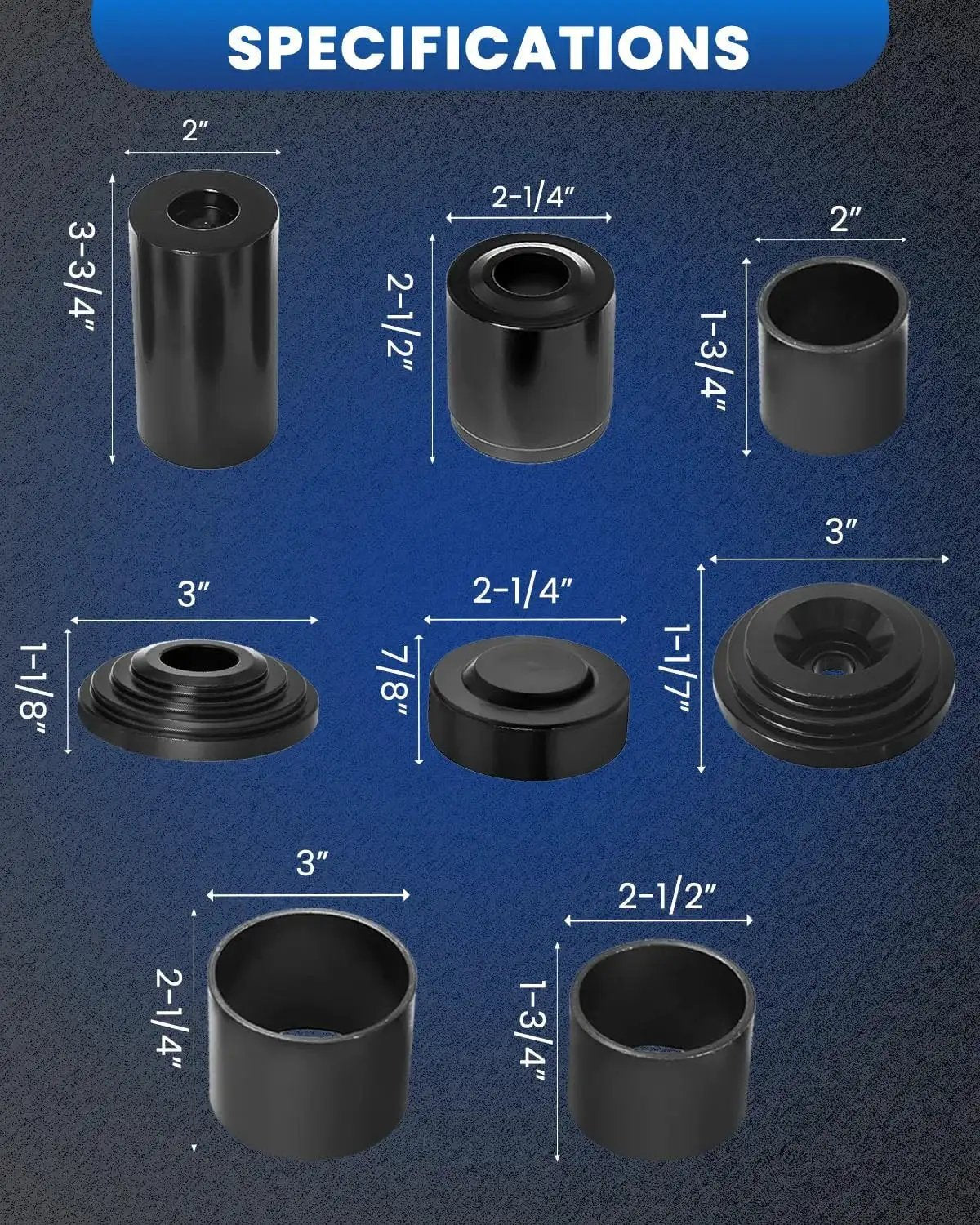 Specifications of Ball Joint Press And U Joint Kit For Cars And Light Trucks 10 Piece Set showing various adapter sizes
