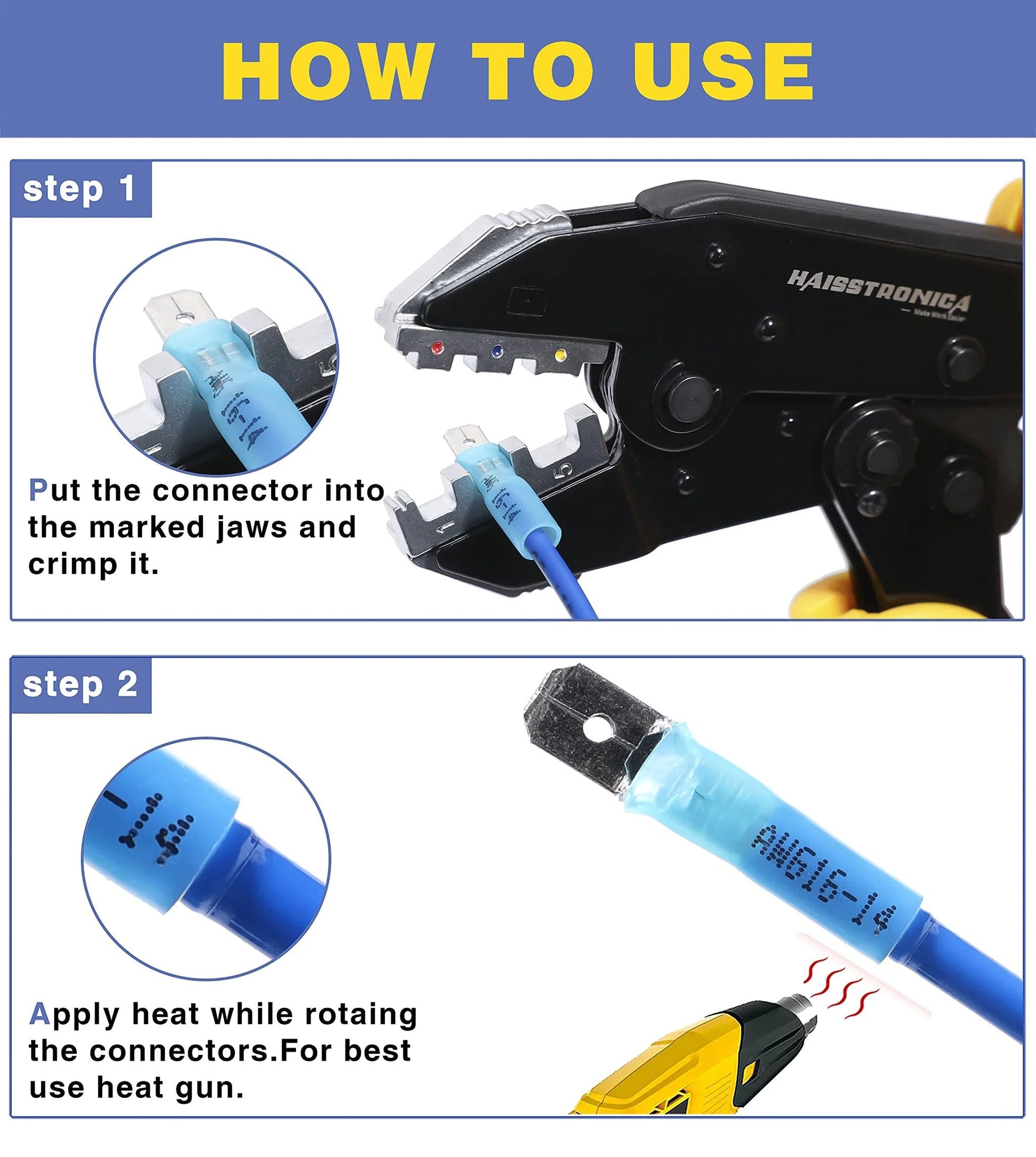 How to use Heat Shrink Spade Connector Kit 260 Piece Set Red Blue Yellow Quick Disconnect Male And Female Terminals.