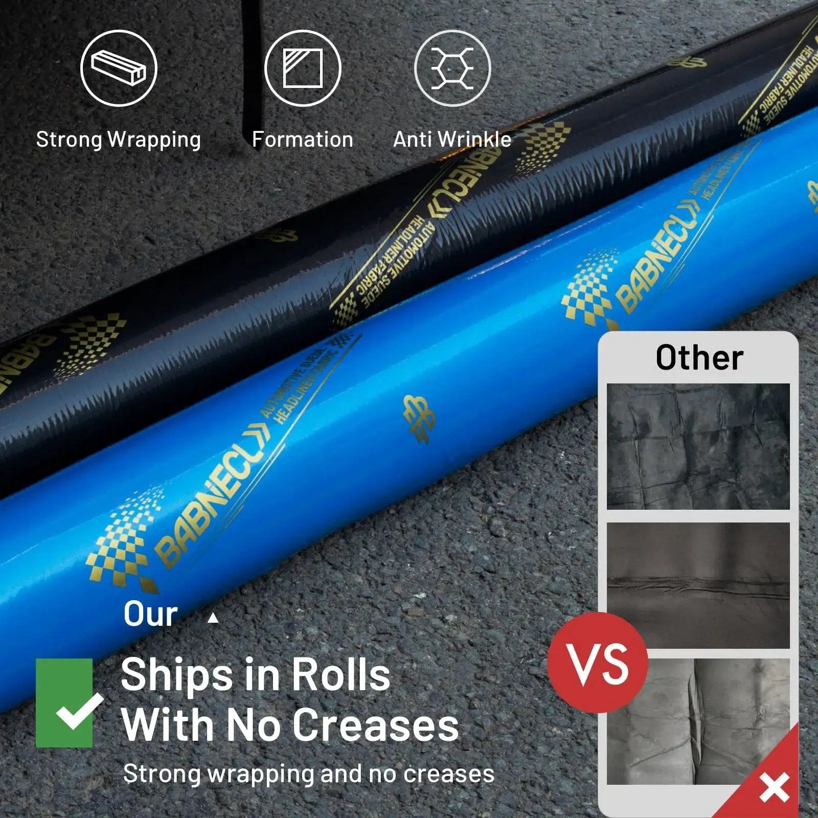 Suede Headliner 98 By 58 With Foam Backing Tube Packaging For Vehicle Interior shown in blue and black tube packaging