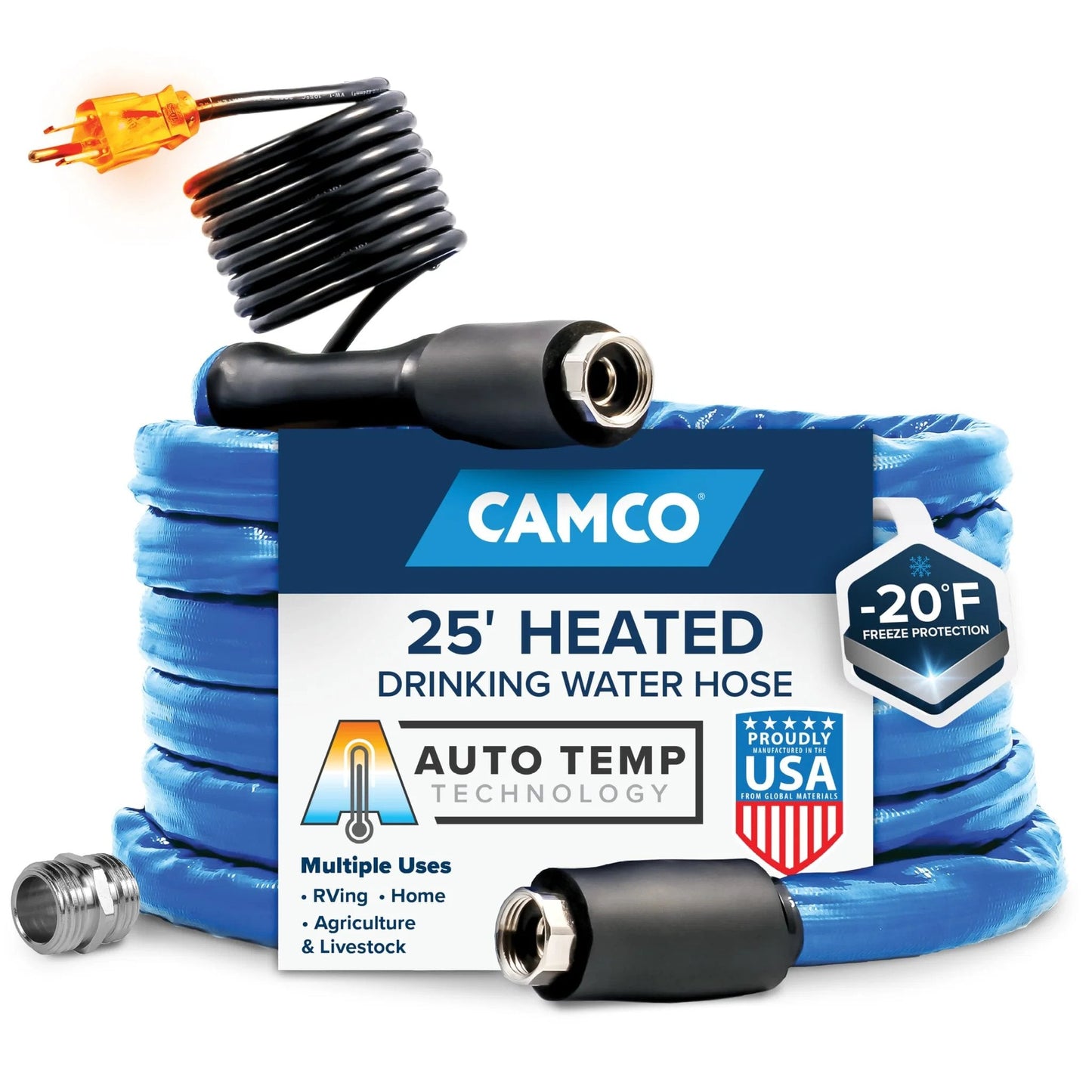 Heated RV Water Hose With Freeze Protection To Minus 20 Degrees Fahrenheit For All Weather Use Premium NSF 61 Drinking Water Hose Lead Free BPA Free Phthalate Free With Energy Saving Thermostat And Adapter For Connection To Either End Of Hose.