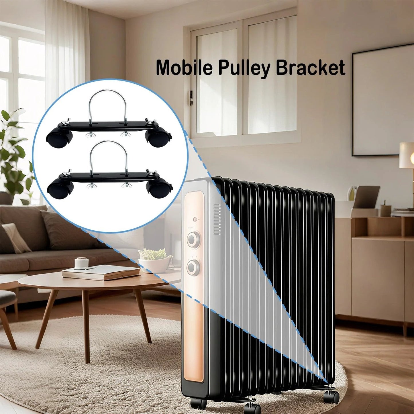 Easy Install Mobile Pulley Bracket Pair Set For Oil Heaters And Oil Filled Radiators With Brake Wheels