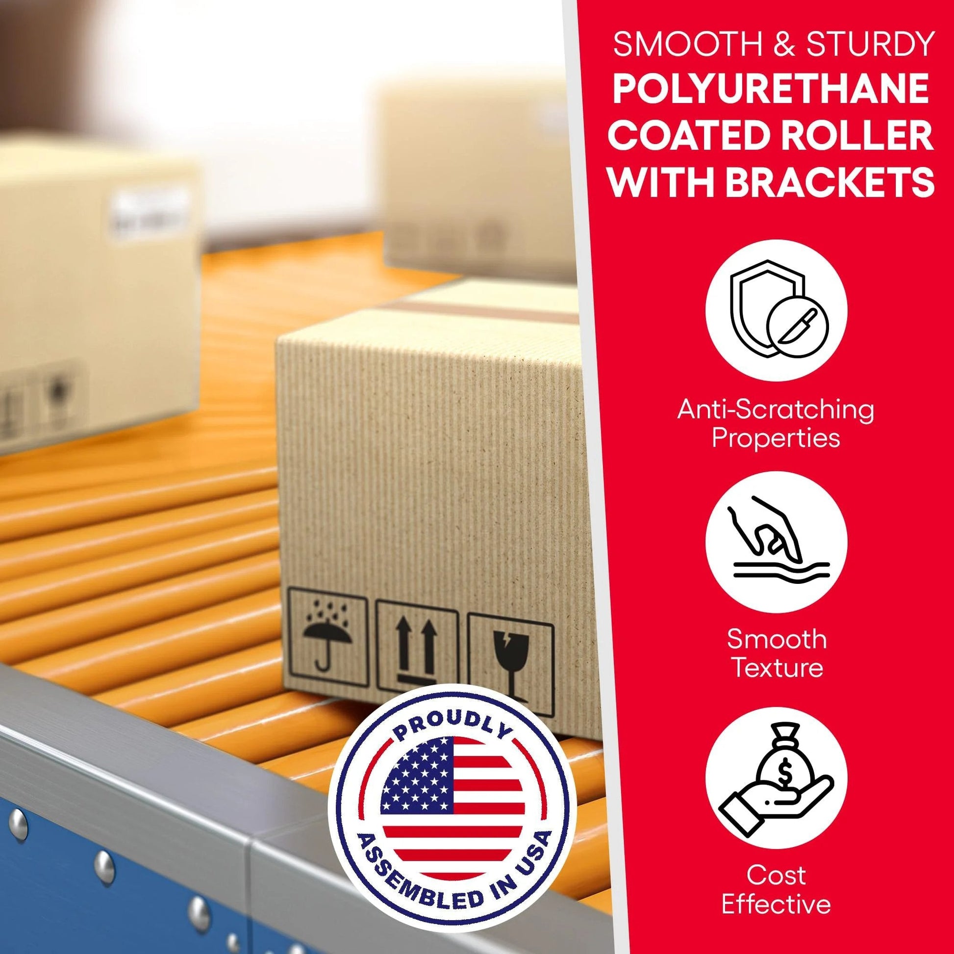 Close-up of heavy duty polyurethane coated conveyor rollers with brackets for carts and trolleys two pack smooth glide Ultimation Industries