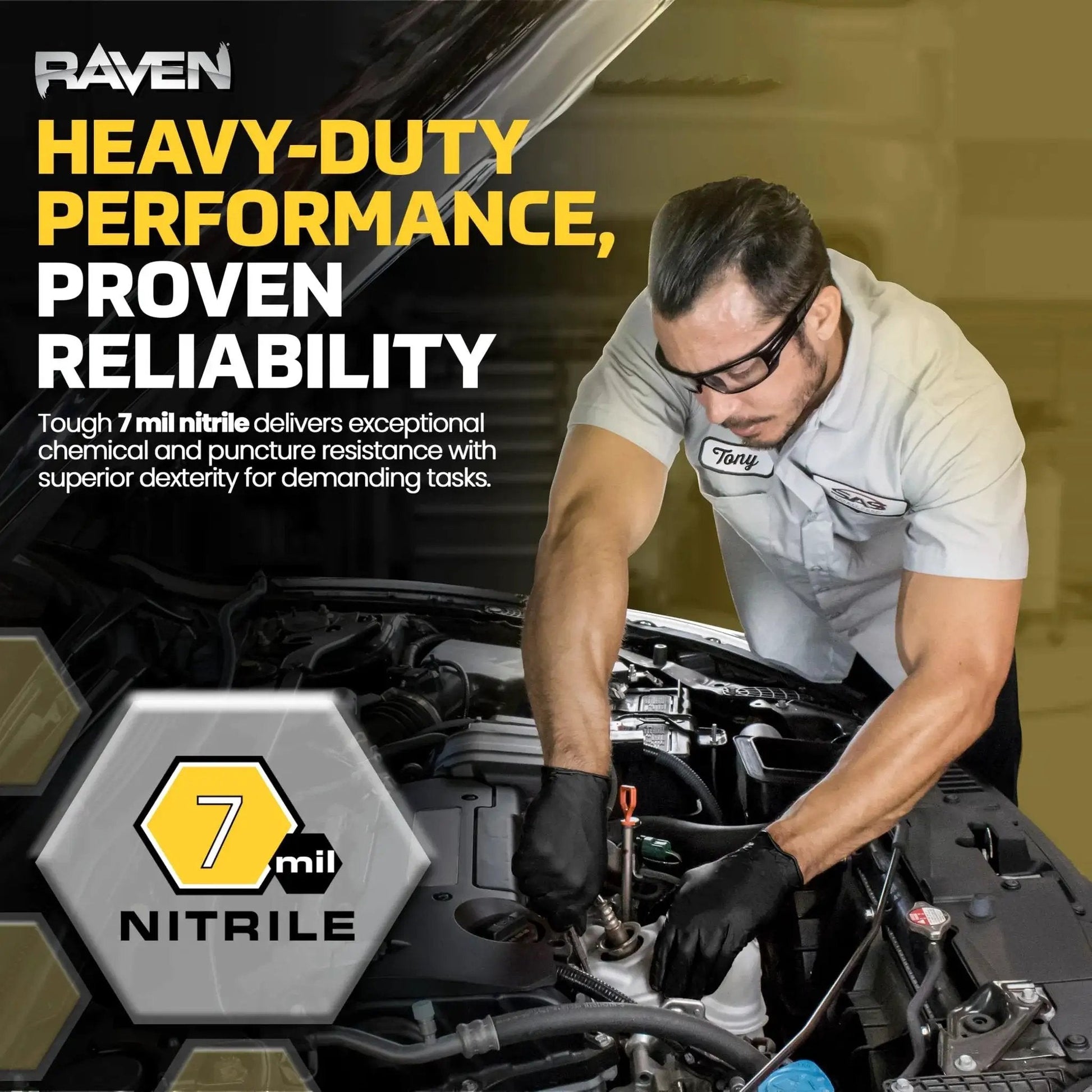 Mechanic wearing Powder Free Nitrile Gloves 7 Mil Textured Grip Puncture Resistant For Automotive while working on an engine.