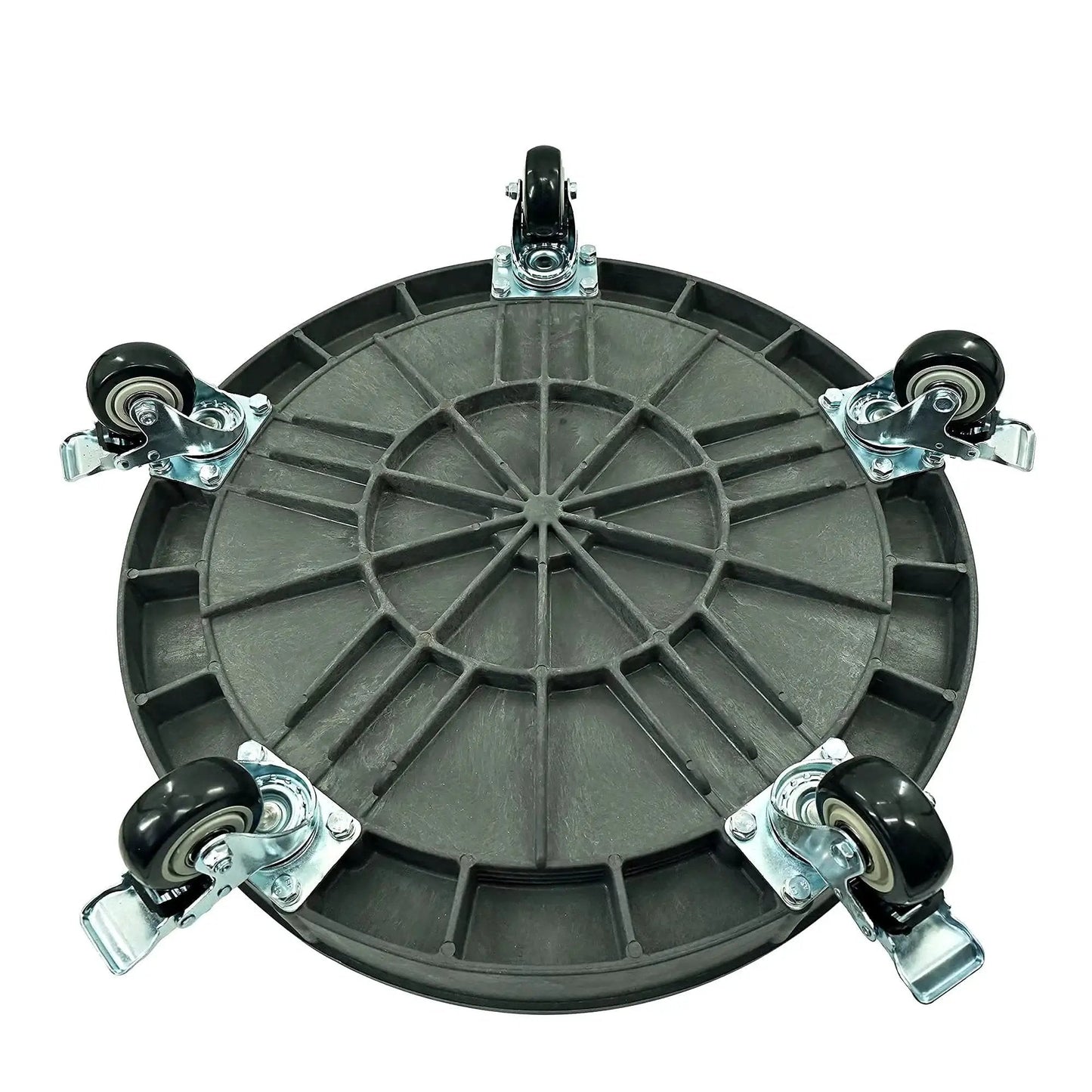 Heavy-Duty Plastic Drum Dolly For 30 And 55 Gallon Drums, 900 Lb Capacity, bottom view showing swivel casters and brake