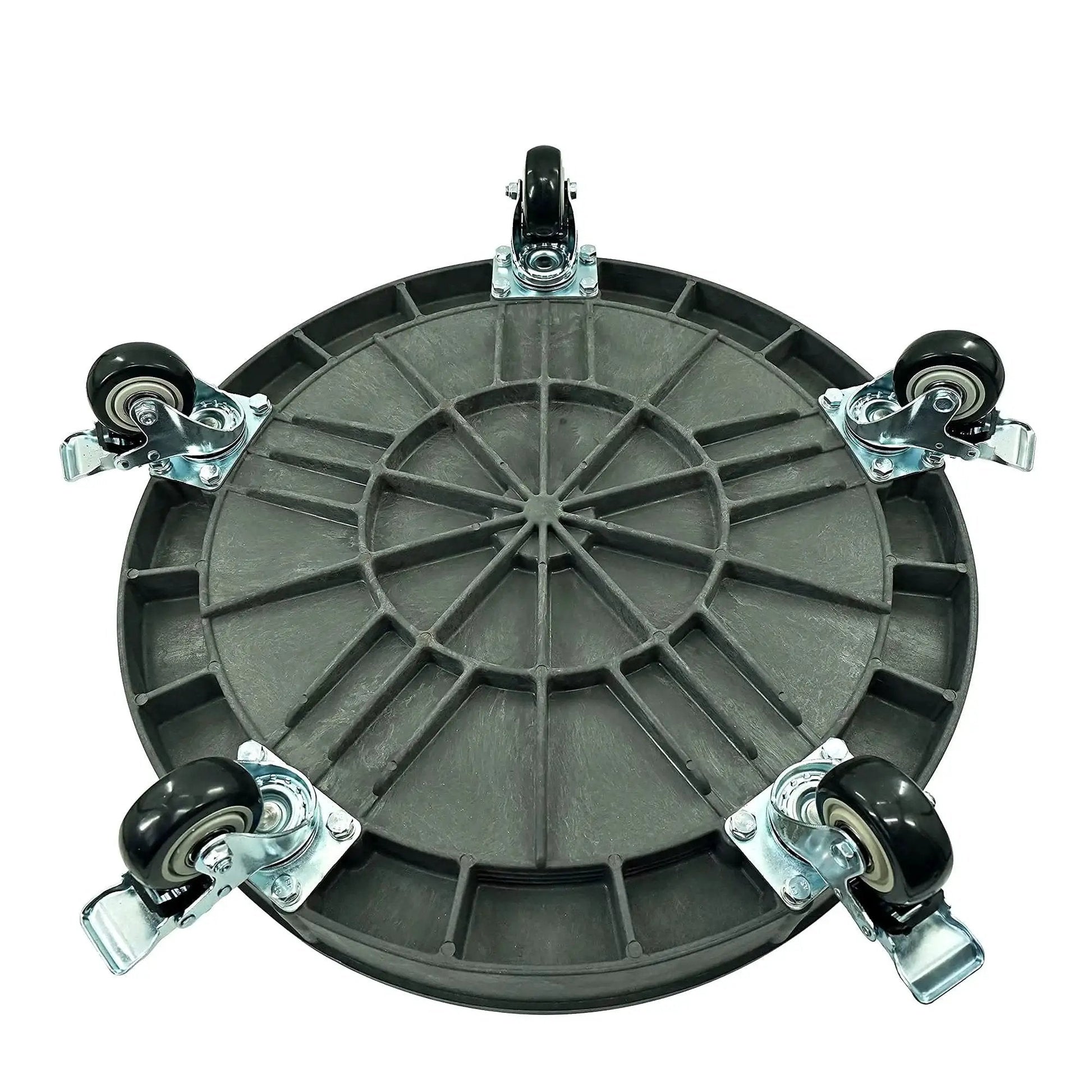 Heavy-Duty Plastic Drum Dolly For 30 And 55 Gallon Drums, 900 Lb Capacity, bottom view showing swivel casters and brake