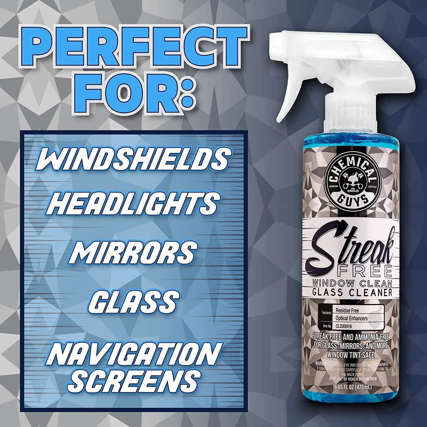 Streak Free Glass And Window Cleaner That Delivers Crystal Clear Windows For Car, Truck, SUV And Home, Mirrors And Navigation Screens, Ammonia Free And Safe On Tinted Glass 473 Ml From Chemical Guys in a spray bottle with uses listed.