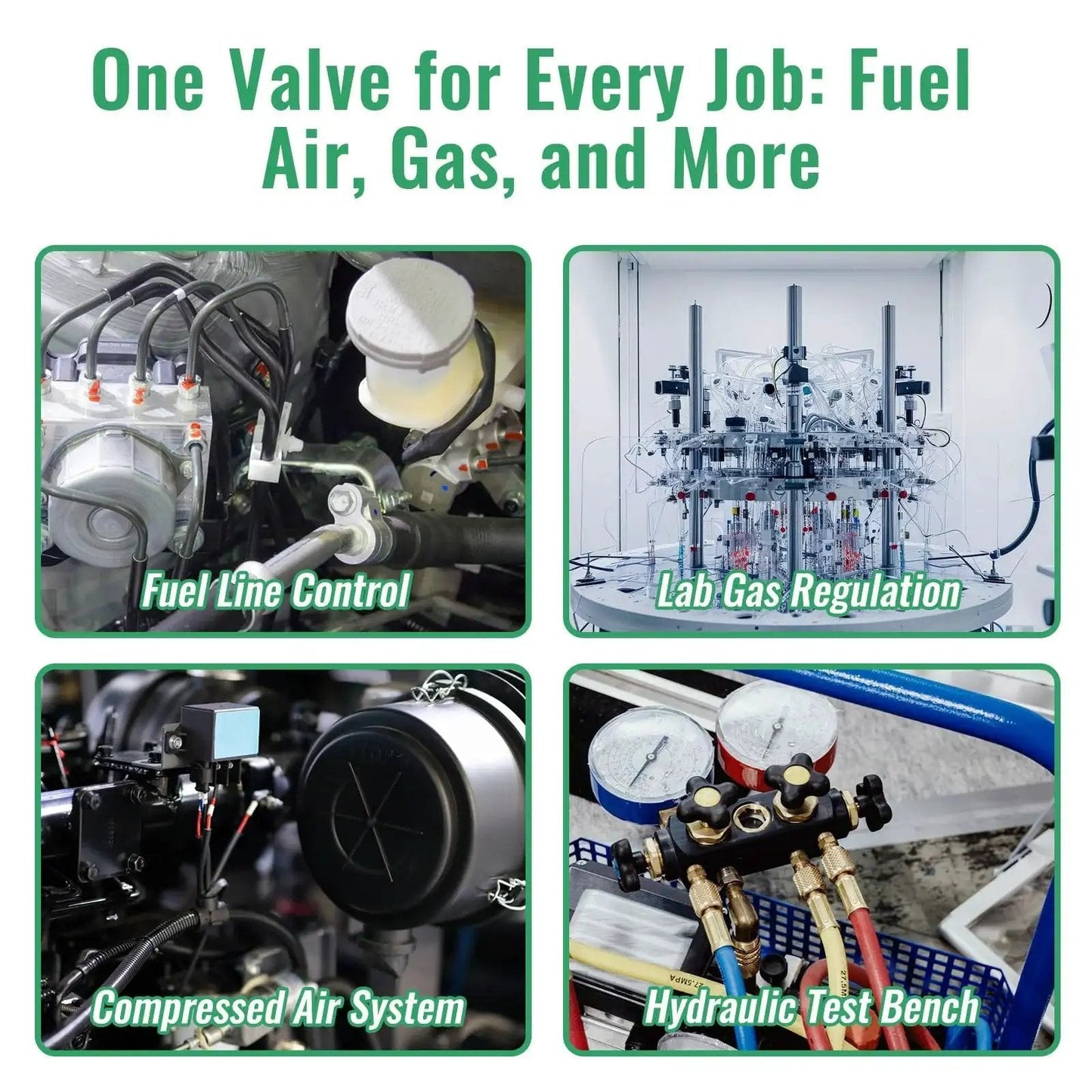 Collage showing applications of Stainless Steel Needle Valve 304 FNPT Half Inch Female Straight High Pressure Flow Control