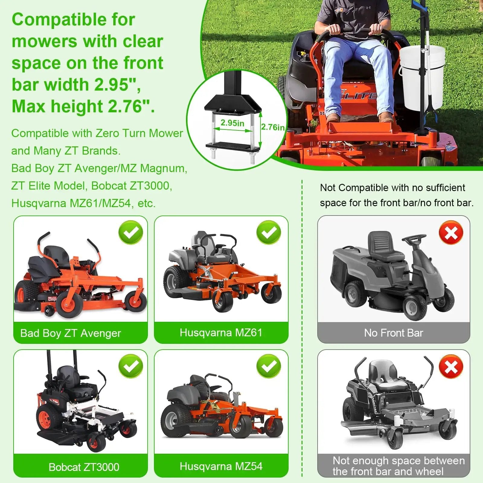 Zero Turn Mower Handle With 5 Gallon Bucket Bracket And Clip For Outdoor Yard Cleanup, compatible with various mower models