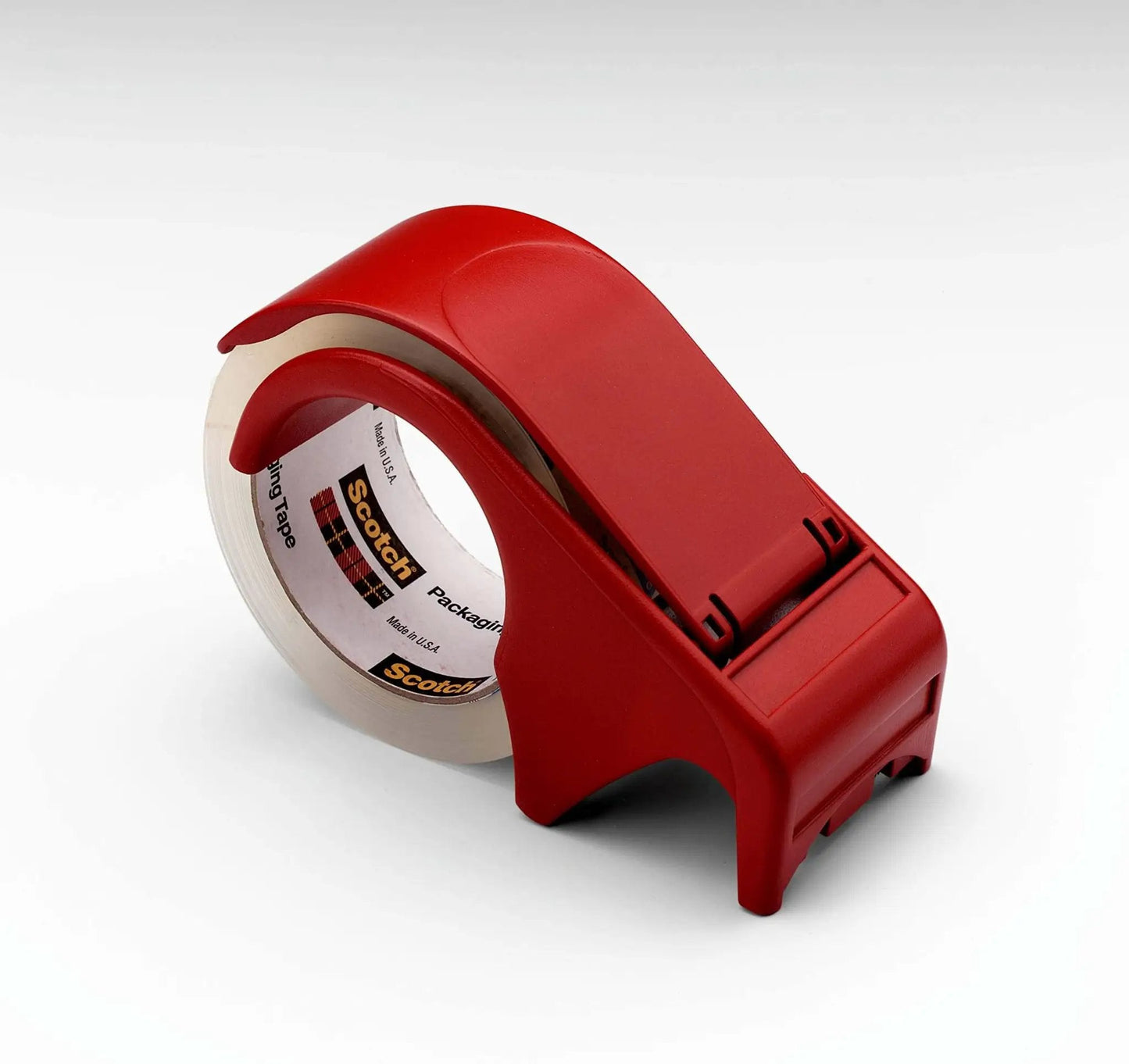 Portable heavy-duty packaging tape dispenser with hand brake for 3 in (76 mm) core rolls up to 2 in (50 mm) wide, red refillable