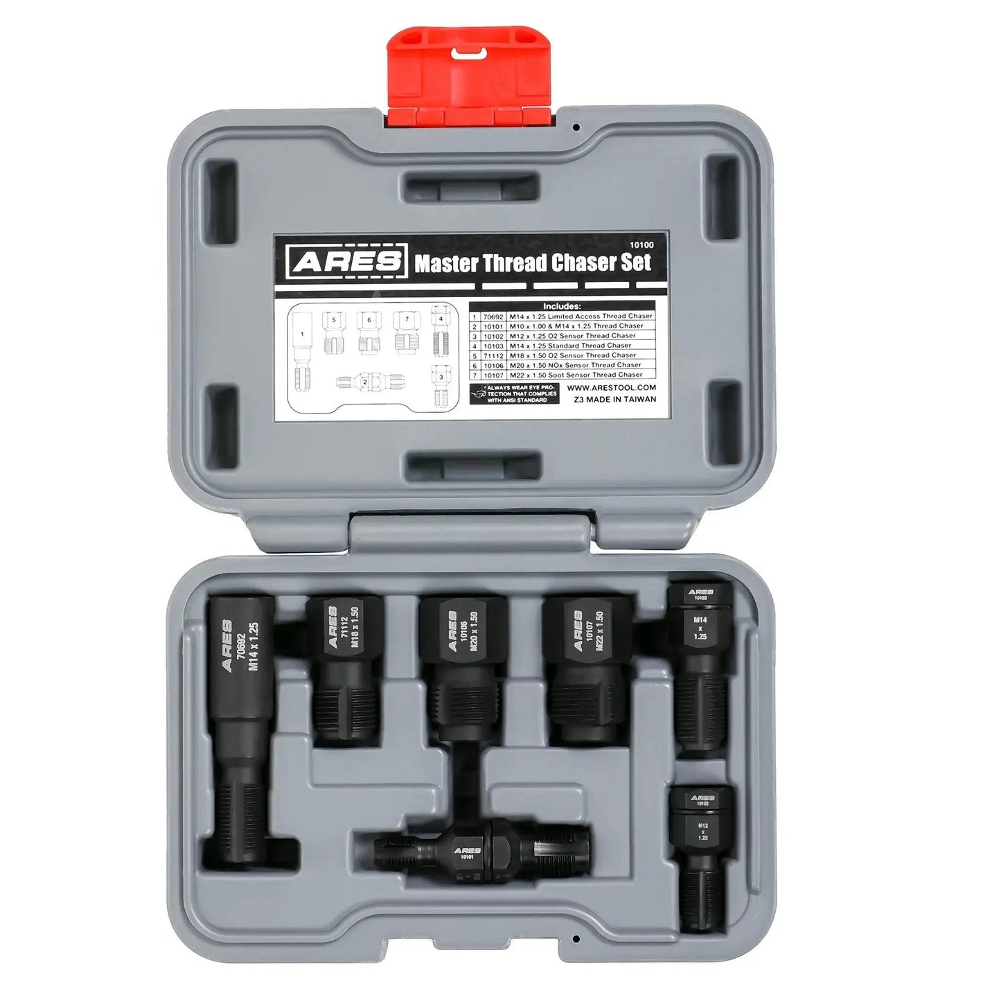 7 Piece Master Thread Chaser Set for Automotive Repairs with Storage Case in open gray case showing tools