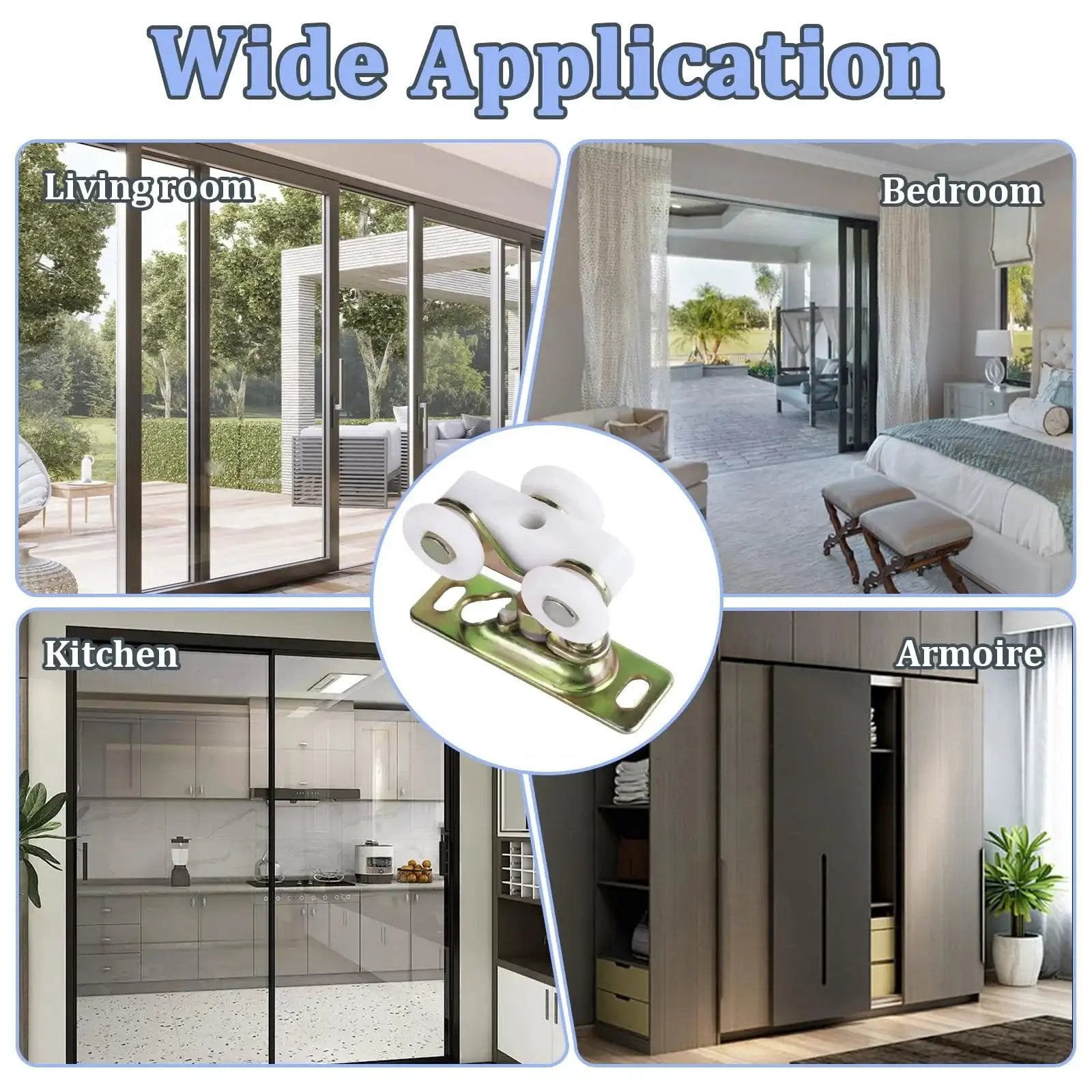 4Pcs Sliding Pocket Door Rollers Assembly for hardware kit replacement shown in various home settings.