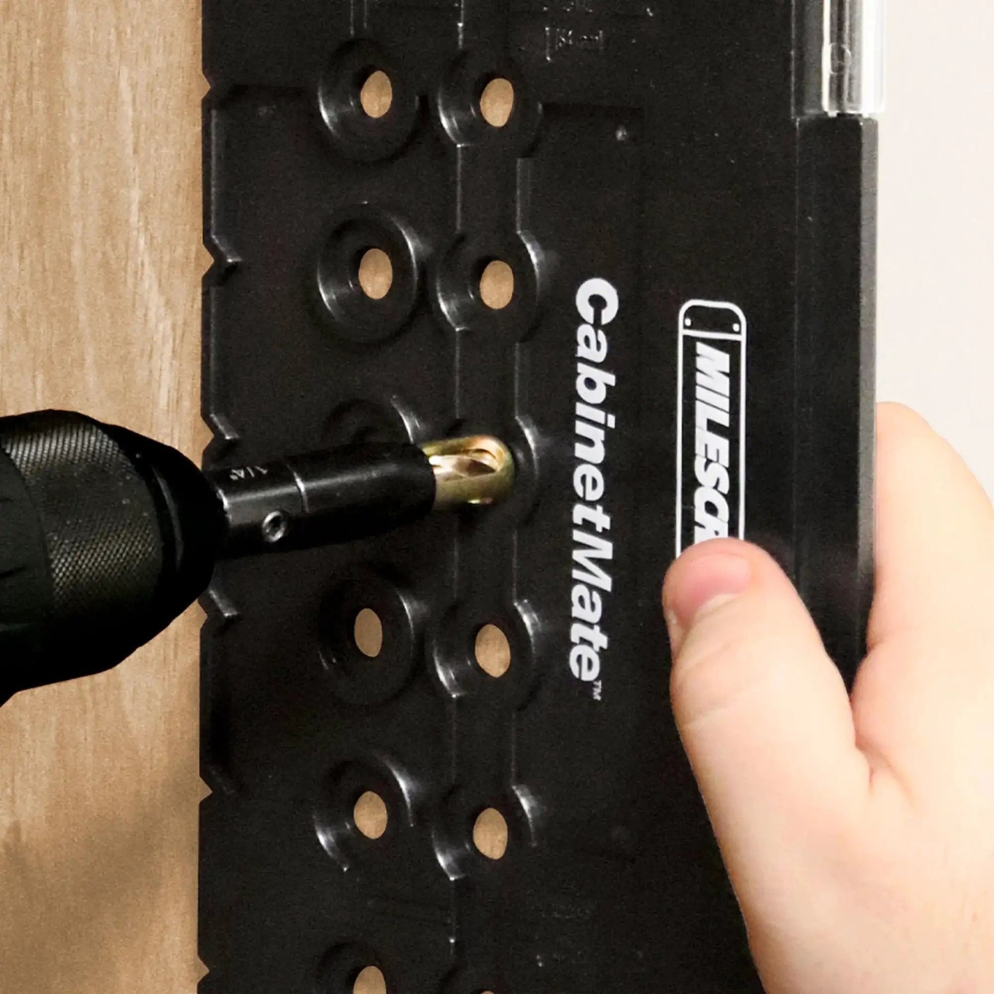 5mm Shelf Pin Drill Bit Set for Precise Cabinet Shelves With Self-Centering Bit, 3/8 Inch Guide Bushing, in use with CabinetMate