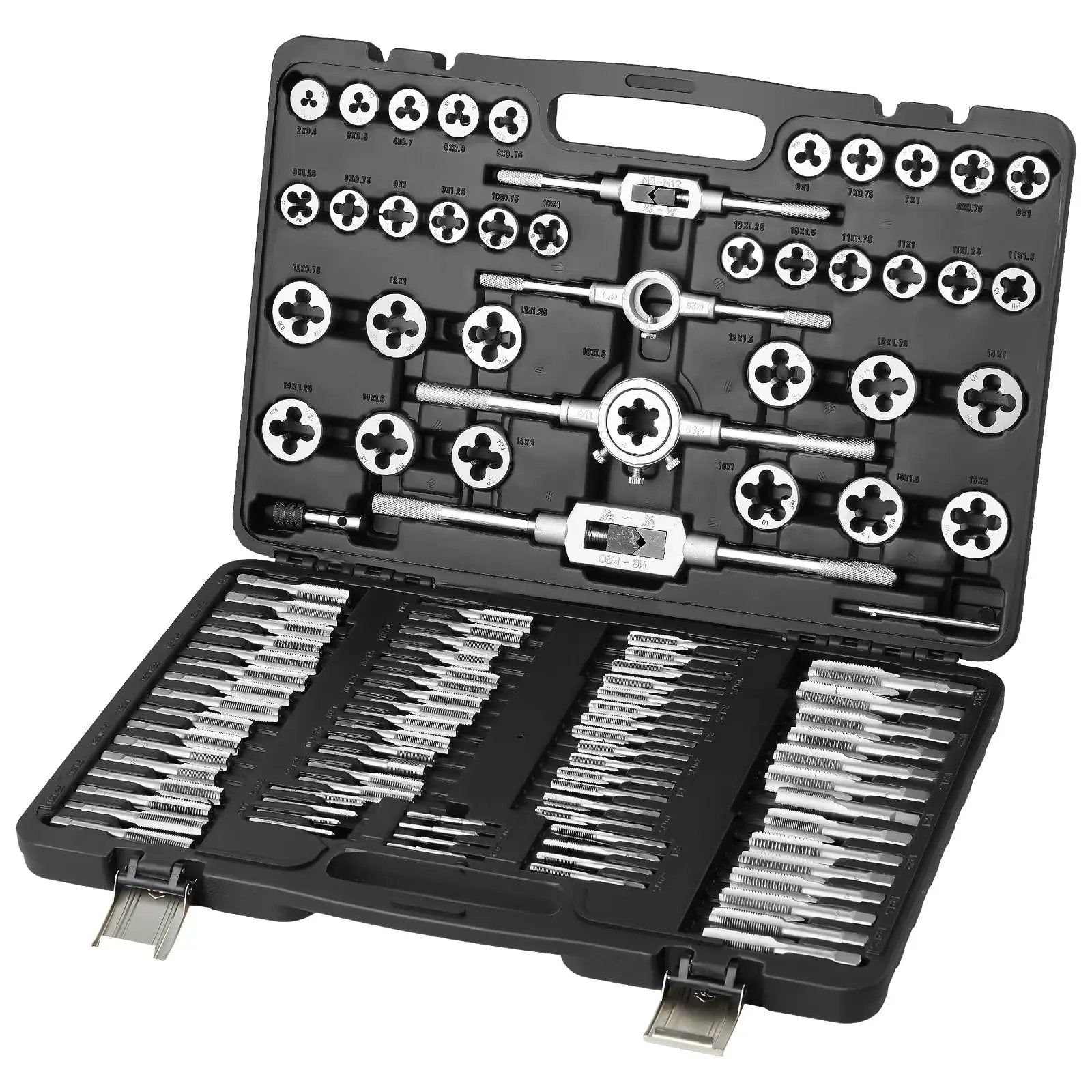 Pro Grade 110-Piece Tap and Die Set with Metric Sizes M2 to M18, Bearing Steel Taps and Dies, in Sturdy Storage Case Opened View