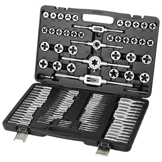 Pro Grade 110-Piece Tap and Die Set with Metric Sizes M2 to M18, Bearing Steel Taps and Dies, in Sturdy Storage Case Opened View