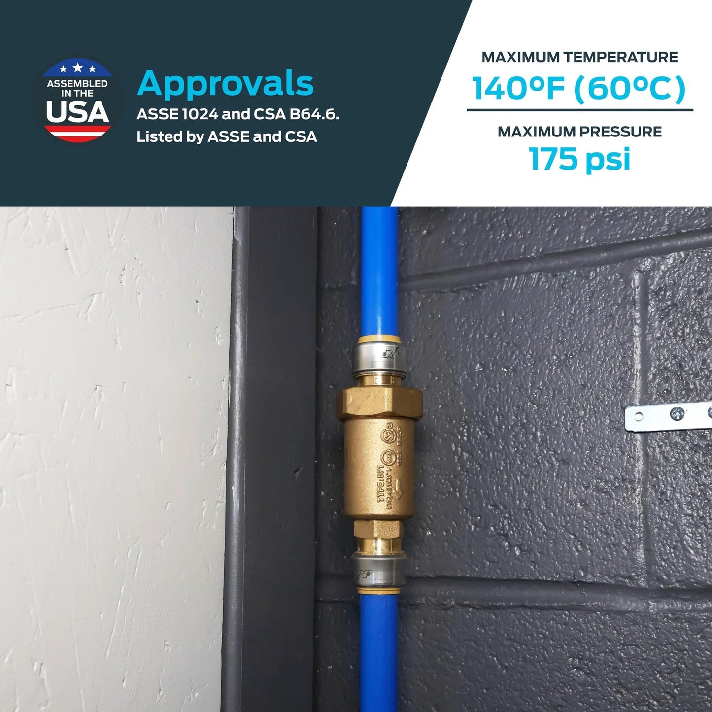Three Quarter Inch Push To Connect Dual Check Valve For Backflow Prevention In Potable Water Lines SharkBite Compatible