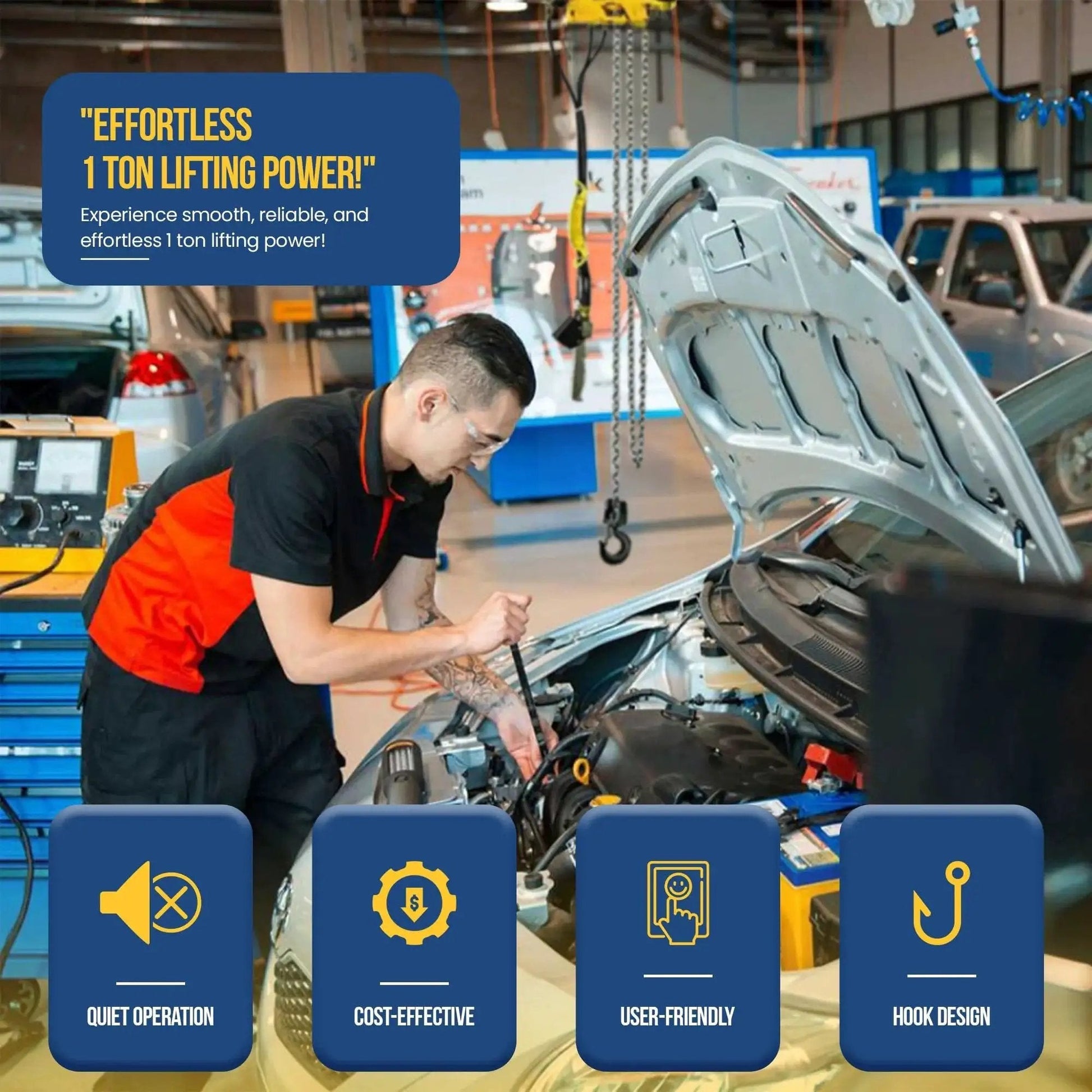 Mechanic using 1 Ton Pneumatic Chain Hoist With 20 Ft Lift And Pendant Control in auto repair shop