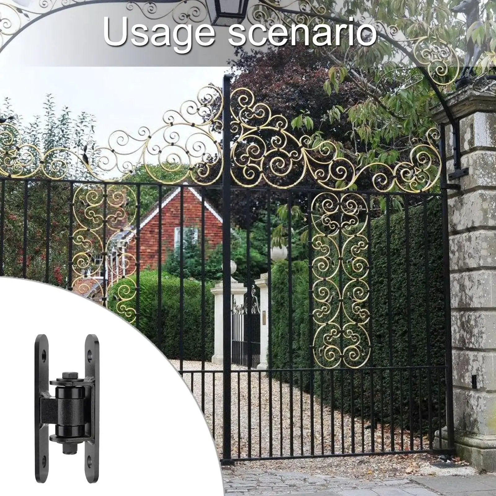Beefy Heavy Duty Metal Door Hinges For Exterior Use shown installed on a decorative iron gate, illustrating application use.