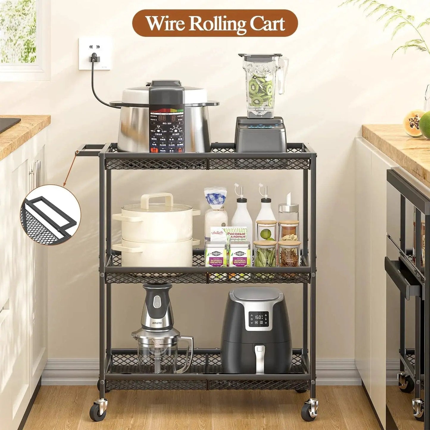 Three Tier Rolling Utility Kitchen Cart with heavy duty metal construction and wire shelves on wheels, versatile for kitchen storage.