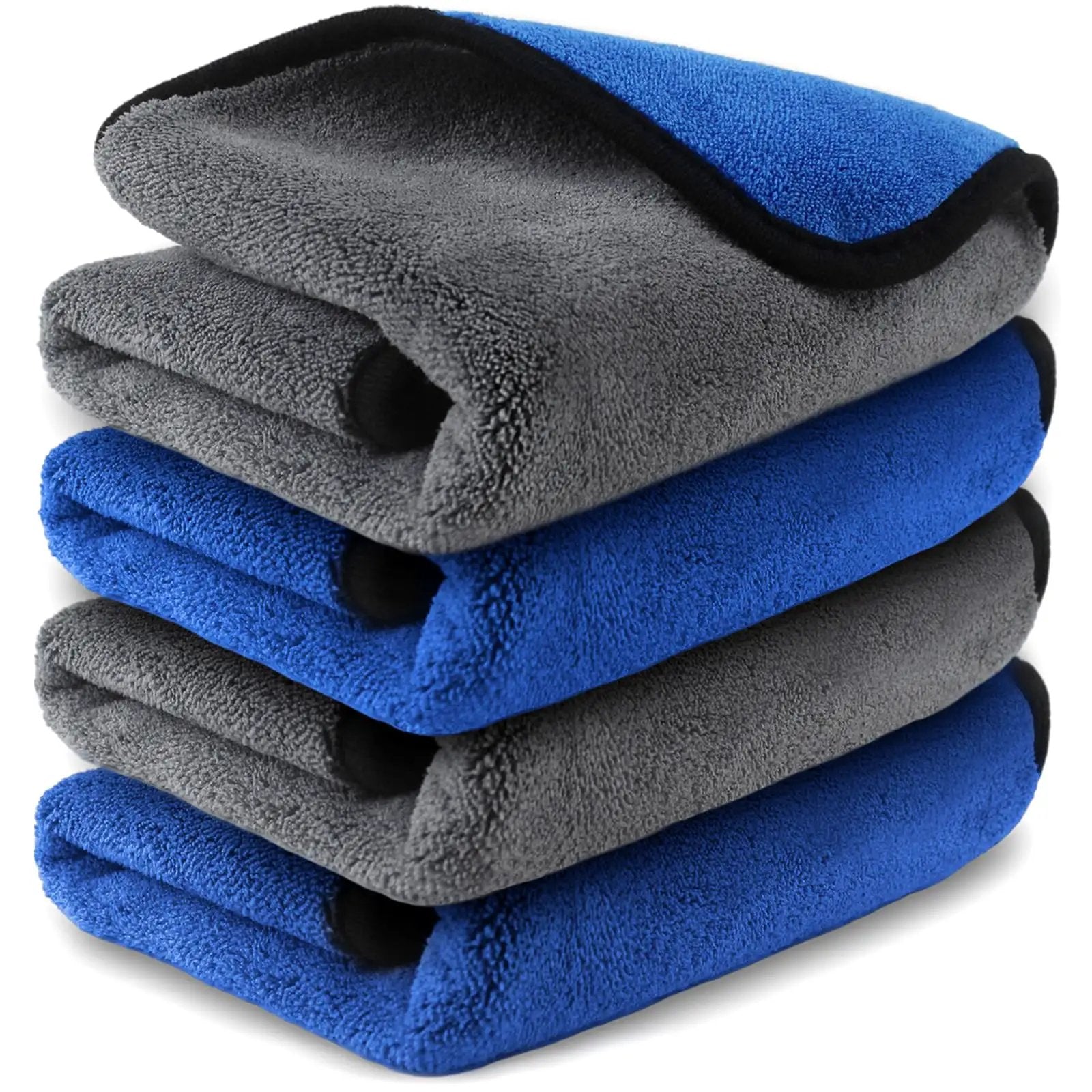 Ultra Thick 800GSM Microfiber Towels For Cars Pack Of 4 16 X 16 Inches Blue Gray stacked, showing texture and dual colours.