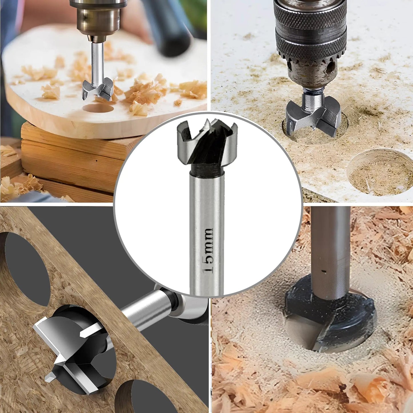 Variety of woodworking drill bits for precision hole making, close-up views showing bits in use on wooden surfaces