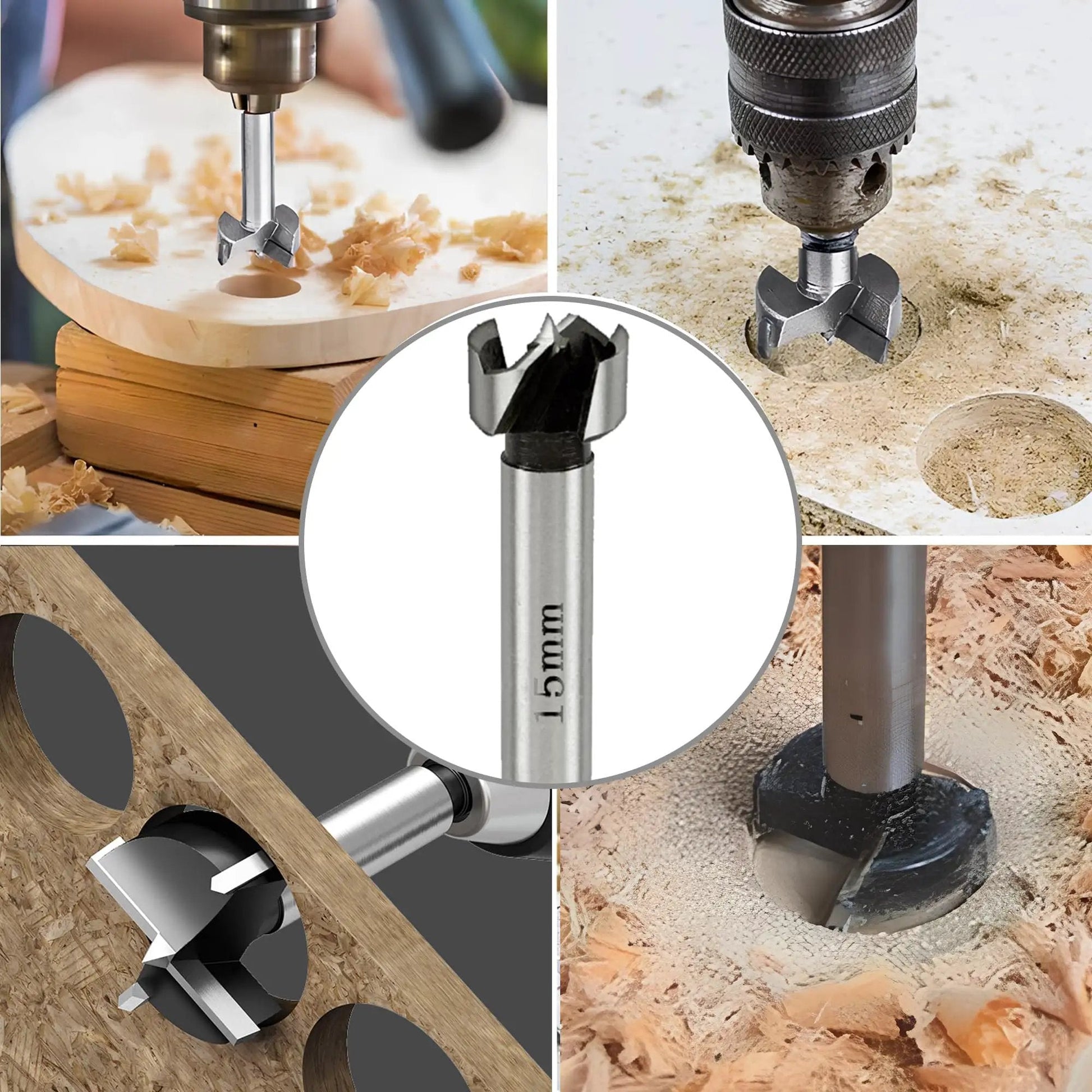 Variety of woodworking drill bits for precision hole making, close-up views showing bits in use on wooden surfaces