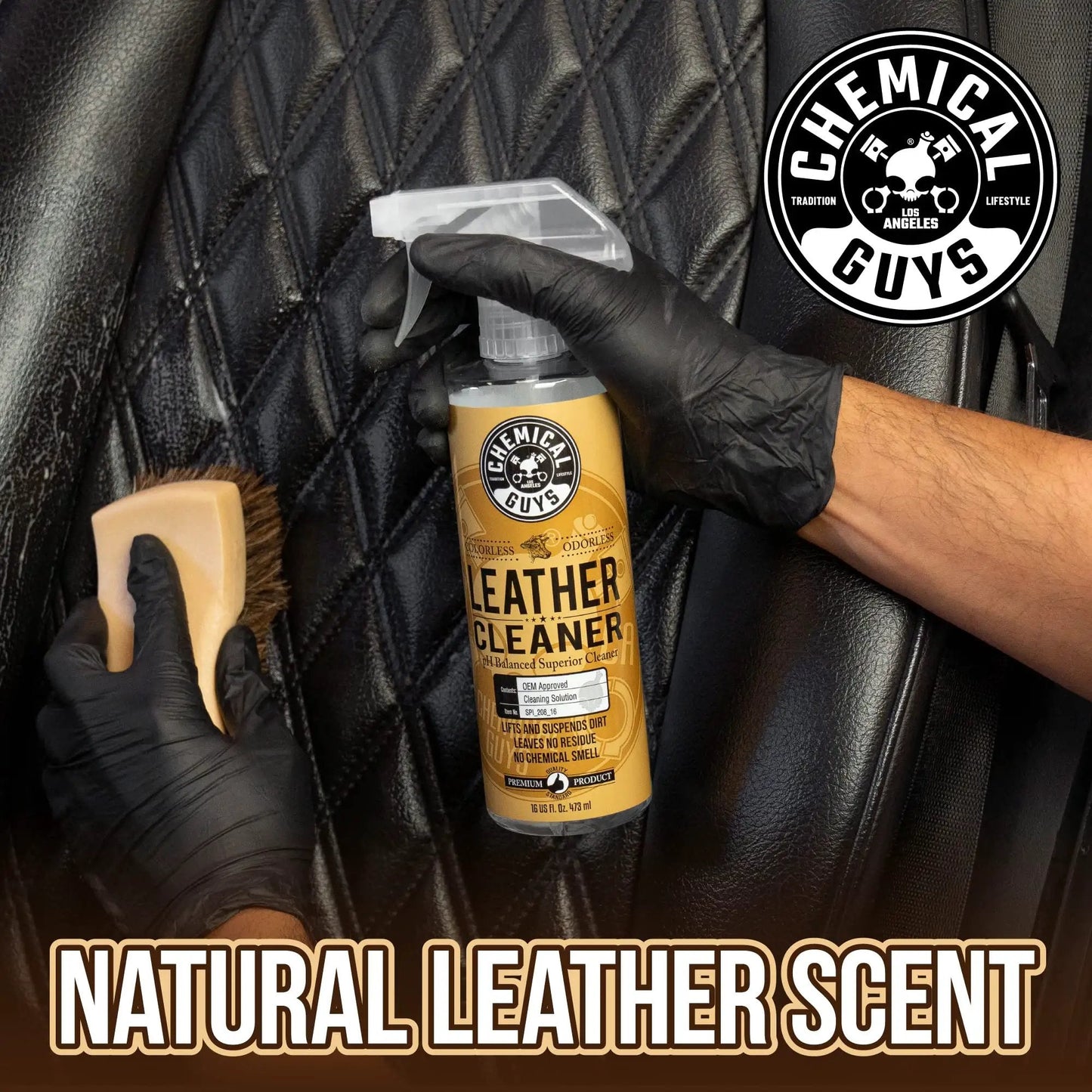 Leather Cleaner For Cars And Home Interiors Colorless Odorless No Fuss Formula Safe On Natural And Synthetic Leather Pleather And Faux Leather Removes Dirt Grease Oils Sweat 473 Ml being applied to leather seat.