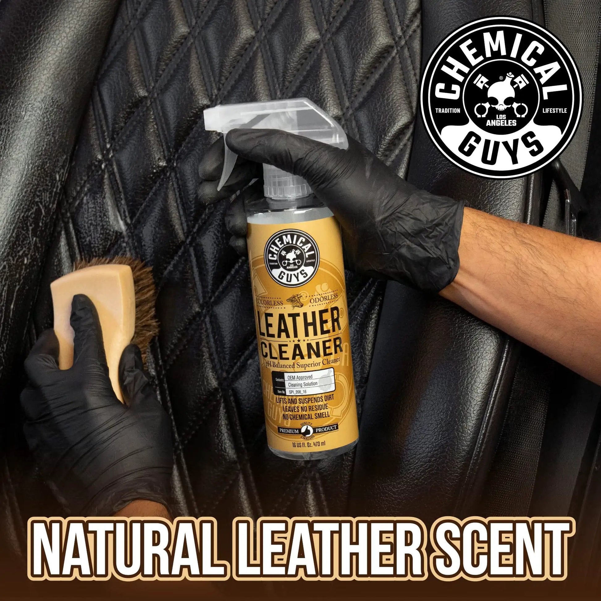 Leather Cleaner For Cars And Home Interiors Colorless Odorless No Fuss Formula Safe On Natural And Synthetic Leather Pleather And Faux Leather Removes Dirt Grease Oils Sweat 473 Ml being applied to leather seat.