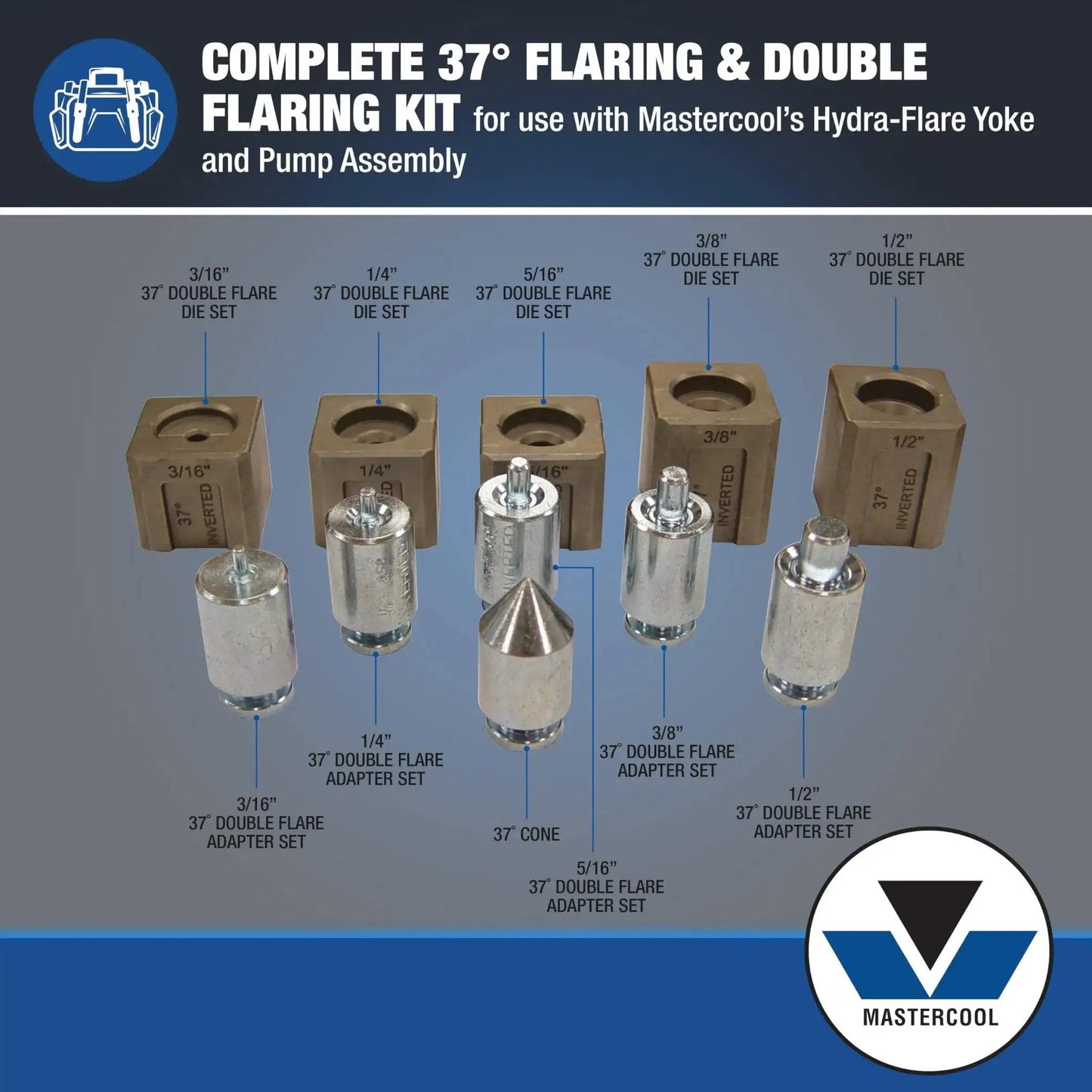 Image of 37 Degree Flare And Double Flare Adapter Kit For Hydraulic Tools 3/16 To 1/2 showing die sets and adapters.