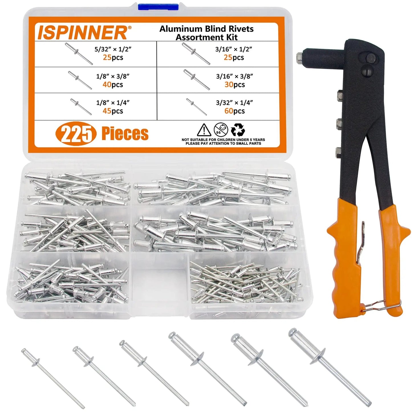 225 Piece Aluminum Blind Rivets Assortment Kit With Heavy Duty Hand Riveter Gun Tool 6 Sizes Pop Rivets For Metal Plastic And Auto Truck Repairs DIY Friendly Corrosion Resistant Aluminum Rivets And Steel Mandrel