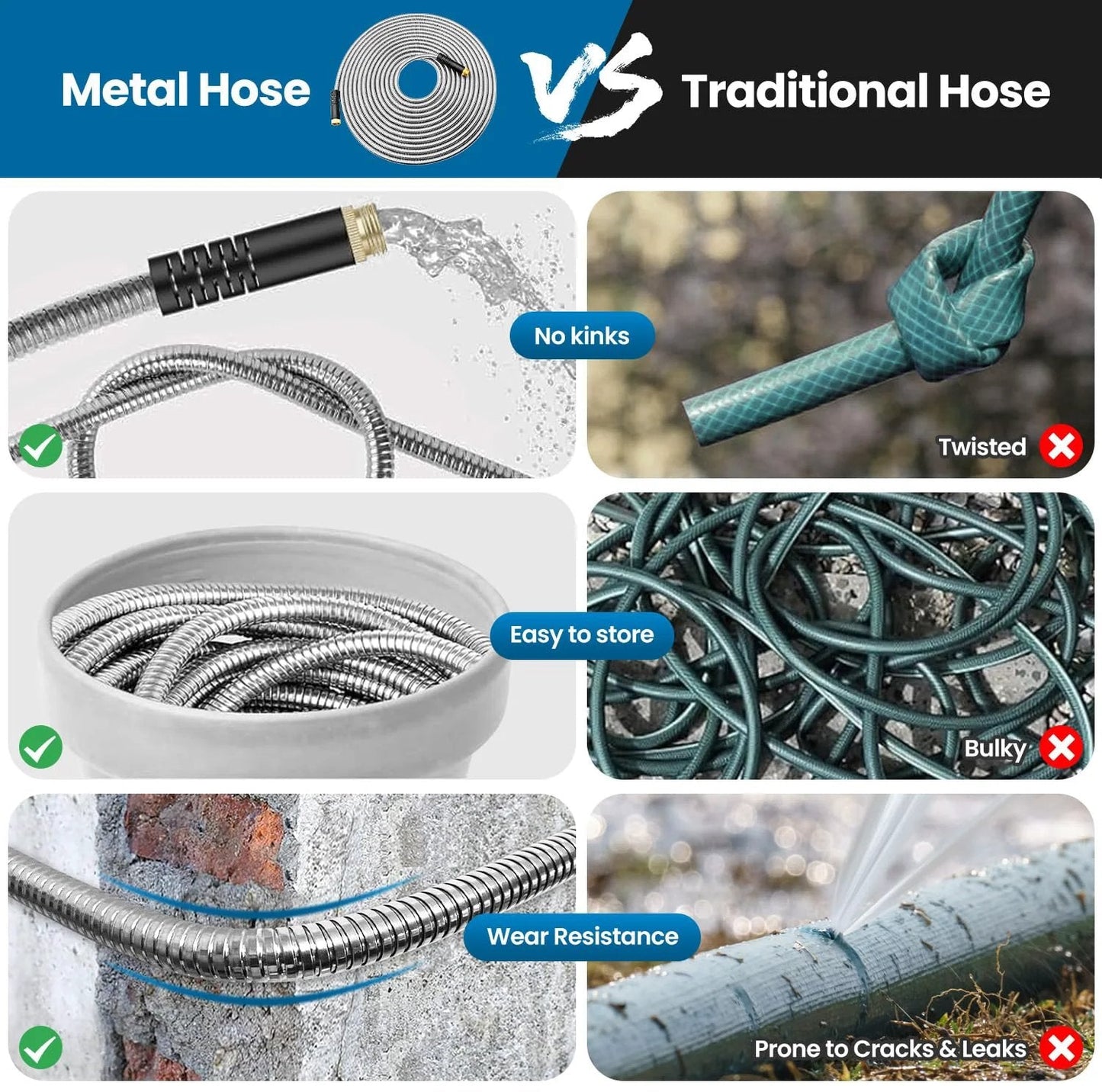 Ultra Flex Stainless Steel Garden Hose 100 Ft With 10 Function Nozzle shown with kink-free, easy-to-store features compared to traditional hose.