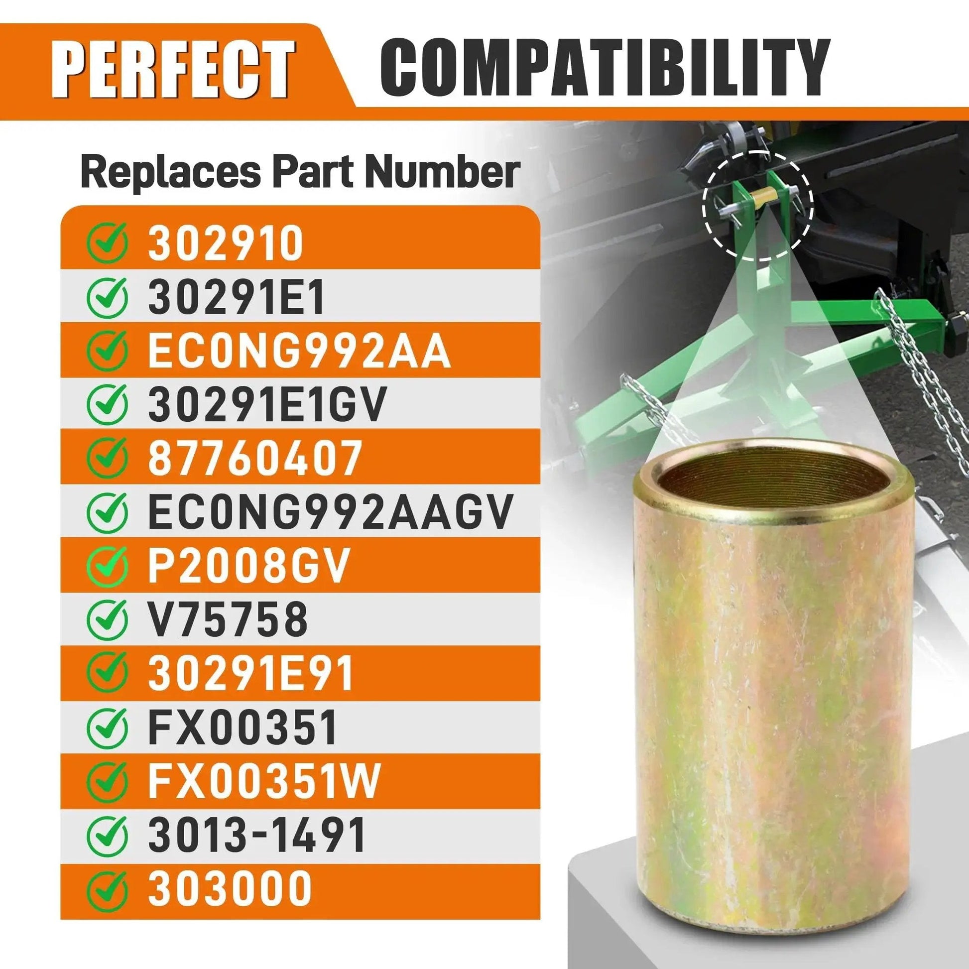 Universal Quick Hitch Lower Lift Arm Bushing Kit For Cat I To Cat II Systems with compatibility list and hitch illustration.