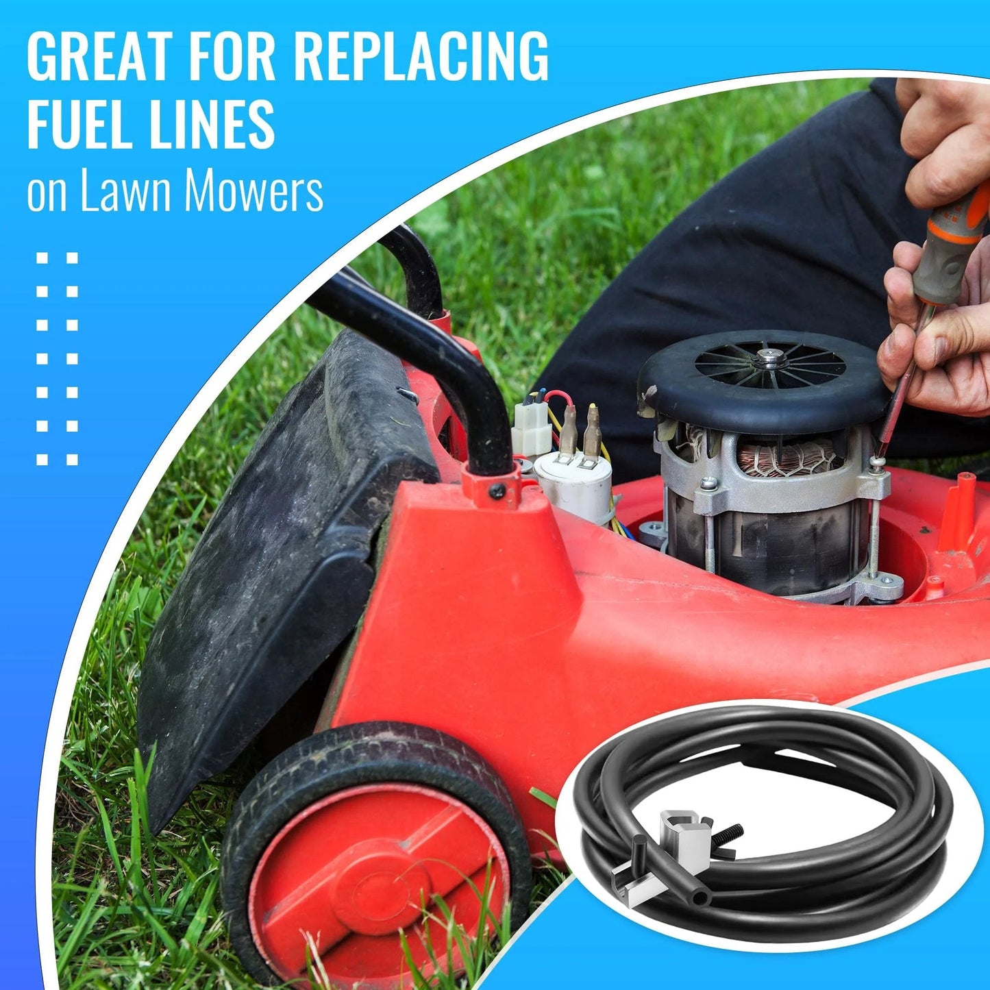 Person repairing lawnmower showing brake line clamp kit two pack hose pinch pliers for fuel lines gas lines radiator hoses shown.