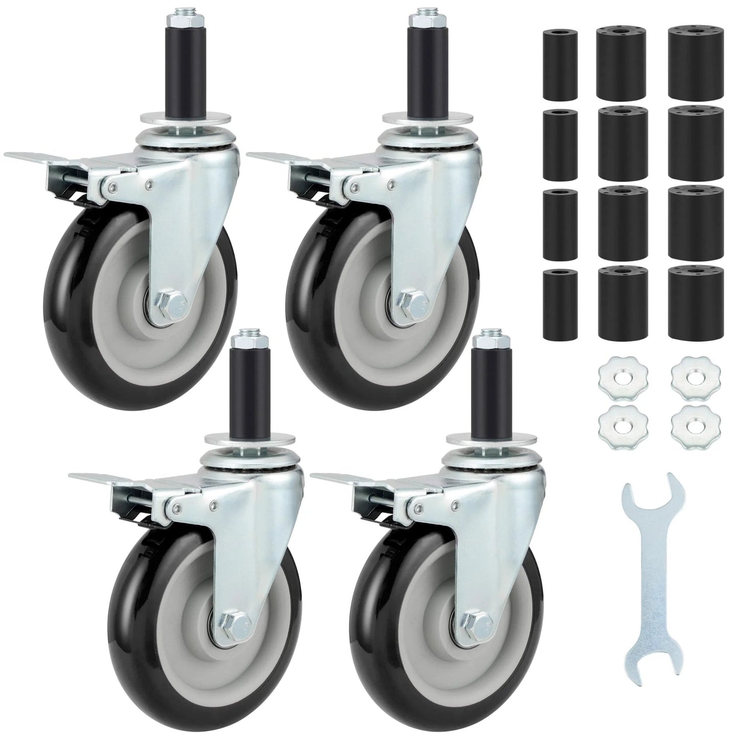 Five Inch Prep Table Casters Set Of 4 Heavy Duty Expanding Stem Wheel Casters With Brakes, 7/8-1-5/8 Inch Tube Adapters, Wrench Included