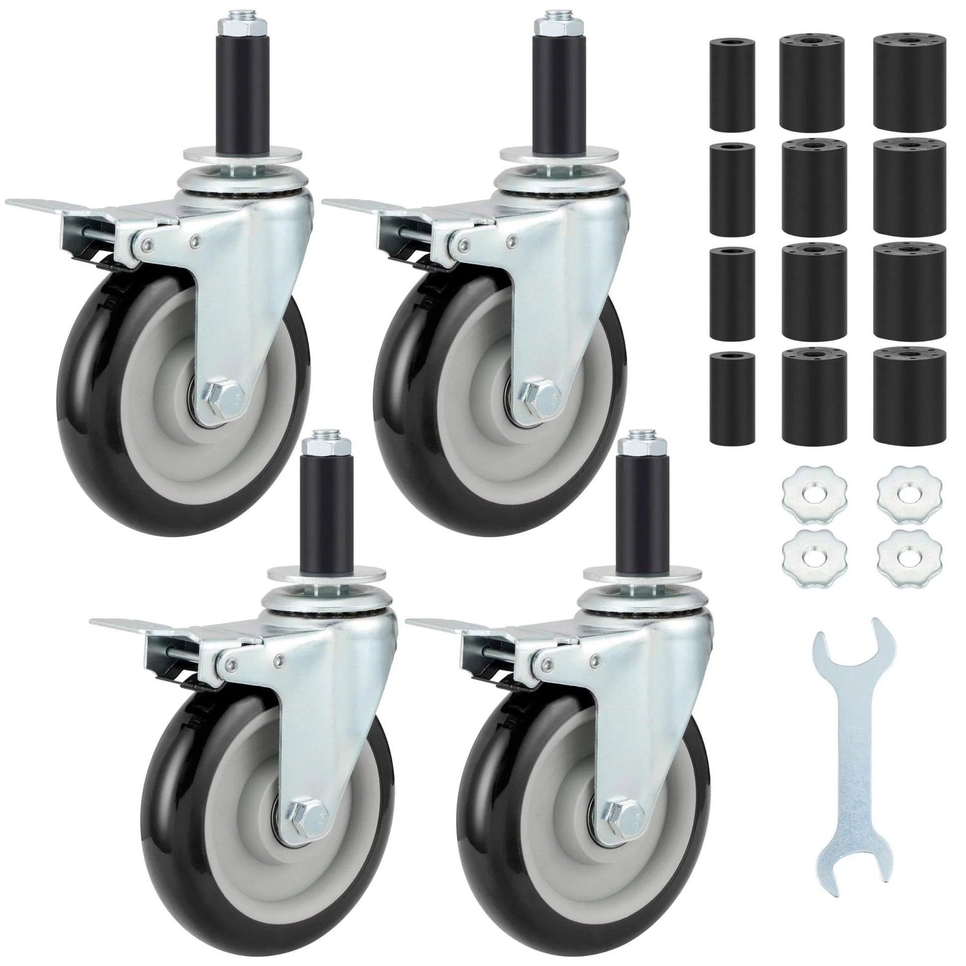 Five Inch Prep Table Casters Set Of 4 Heavy Duty Expanding Stem Wheel Casters With Brakes, 7/8-1-5/8 Inch Tube Adapters, Wrench Included